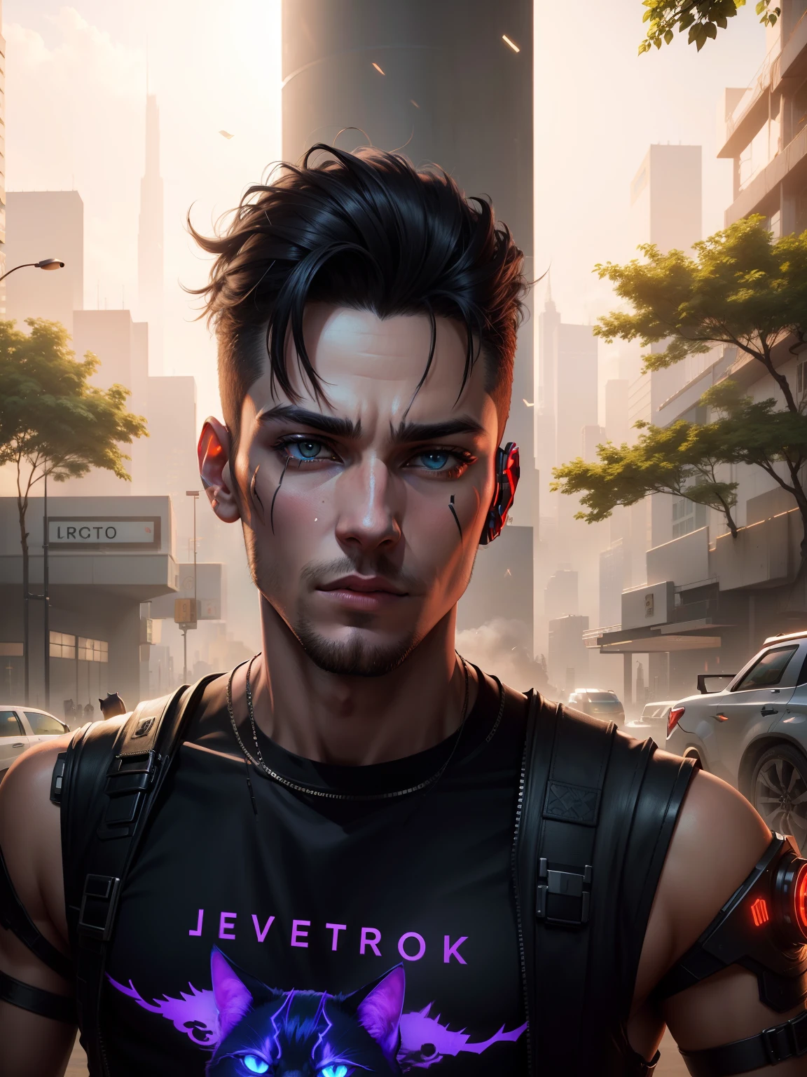 Change background cyberpunk handsome boy, realistic face, 8k, ultra realistic, with cat, with text shoauib