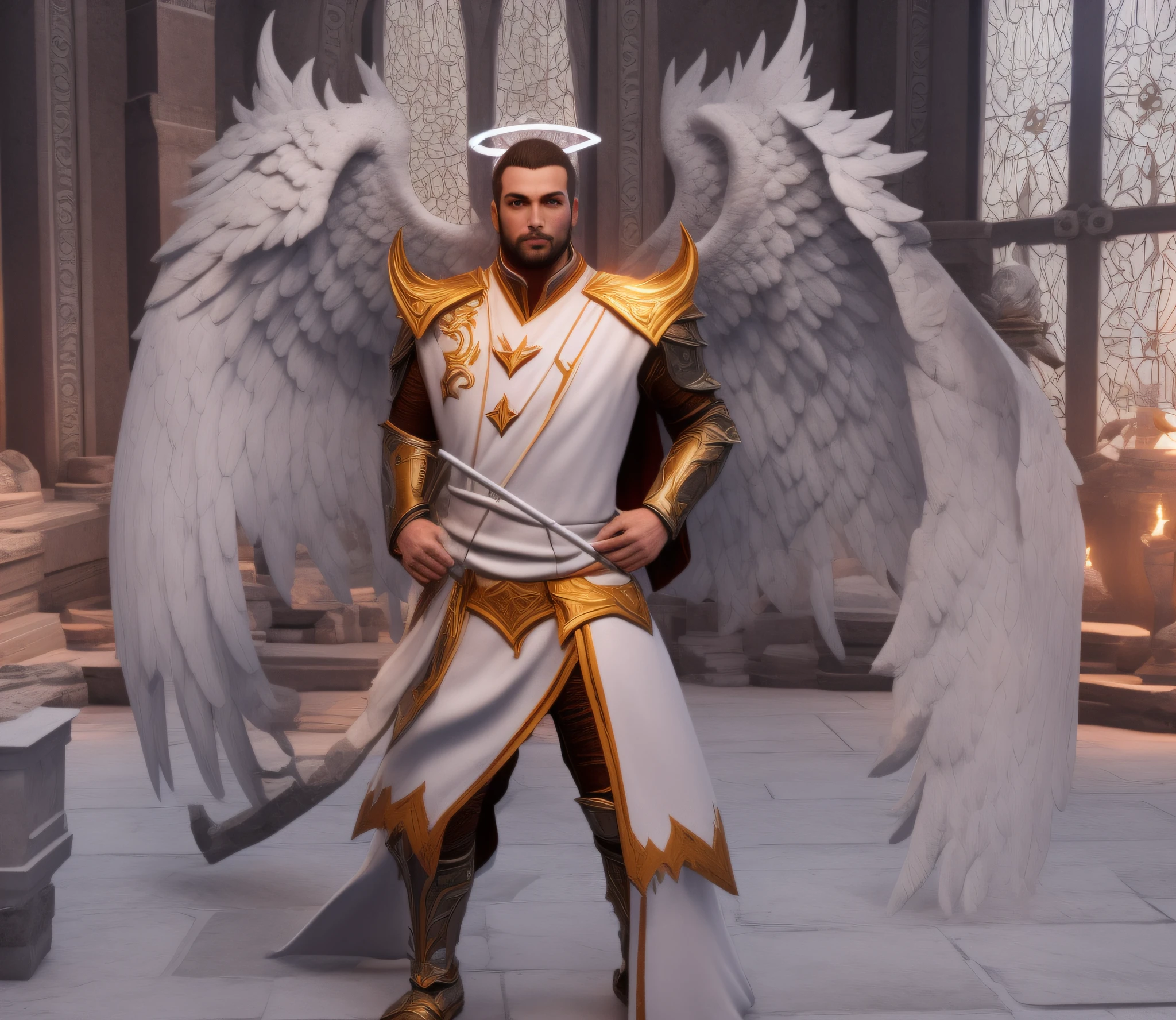 There's a man with wings standing in a room, Anjo majestoso de corpo inteiro, angel in plastic armor, arcanjo, Armadura Dourada Angelical, Arqueiro alado, epic angel wings, macho com halo, vestes branco-douradas, NPC com um santo\halo do, Armor angle with wing, picture of a male cleric, cleric, Paladino Santo, DAZ3D