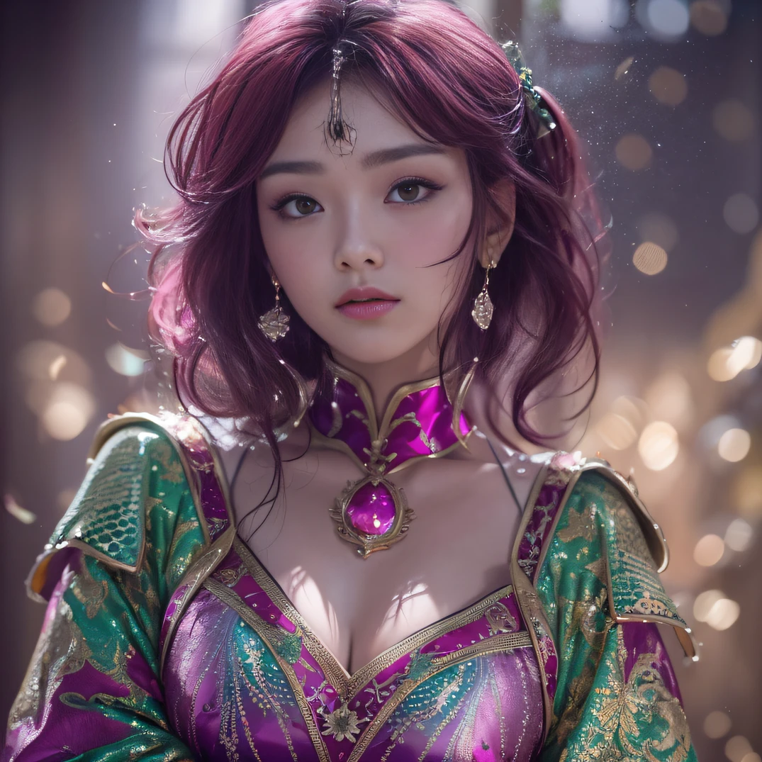32K gradient glass texture（tmasterpiece，k hd，hyper HD，32K）Short purple-pink flowing hair，Pond area，Flame Girl ，Yao Lang protector （realisticlying：1.4），Python pattern robe，Black gold tiara，Snowflakes fluttering，The background is pure，Hold your head high，Be proud，The nostrils look at people， A high resolution， the detail， RAW photogr， Sharp Re， Nikon D850 Film Stock Photo by Jefferies Lee 4 Kodak Portra 400 Camera F1.6 shots, Rich colors, ultra-realistic vivid textures, Dramatic lighting, Unreal Engine Art Station Trend, cinestir 800，Hold your head high，Be proud，The nostrils look at people，Short burgundy hair
