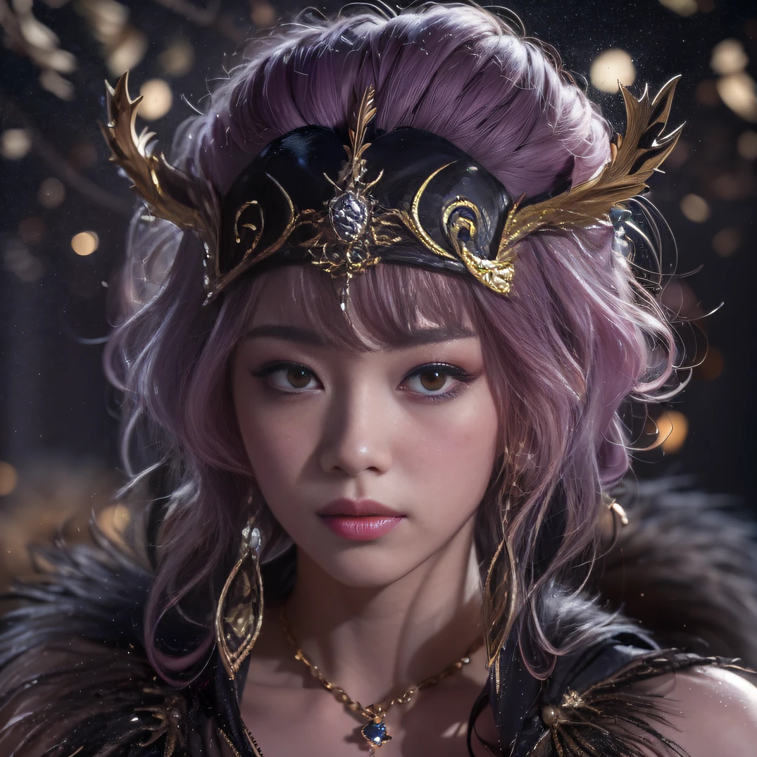 32K gradient glass texture（tmasterpiece，k hd，hyper HD，32K）Short purple-pink flowing hair，Pond area，Flame Girl ，Yao Lang protector （realisticlying：1.4），Python pattern robe，Black gold tiara，Snowflakes fluttering，The background is pure，Hold your head high，Be proud，The nostrils look at people， A high resolution， the detail， RAW photogr， Sharp Re， Nikon D850 Film Stock Photo by Jefferies Lee 4 Kodak Portra 400 Camera F1.6 shots, Rich colors, ultra-realistic vivid textures, Dramatic lighting, Unreal Engine Art Station Trend, cinestir 800，Hold your head high，Be proud，The nostrils look at people，Short burgundy hair