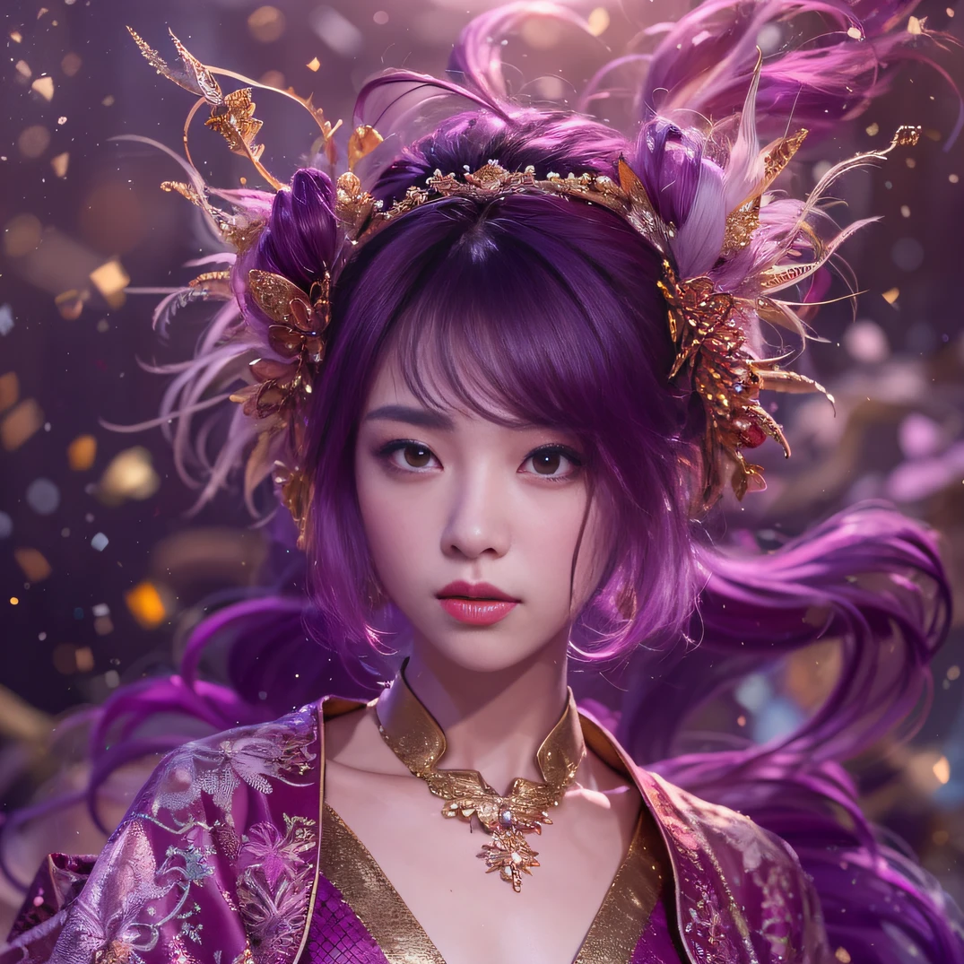 32K gradient glass texture(tmasterpiece,k hd,hyper HD,32K)Short purple-pink flowing hair,Pond area,Flame Girl ,Yao Lang protector (realisticlying:1.4),Python pattern robe,Black gold tiara,Snowflakes fluttering,The background is pure,Hold your head high,Be proud,The nostrils look at people, A high resolution, the detail, RAW photogr, Sharp Re, Nikon D850 Film Stock Photo by Jefferies Lee 4 Kodak Portra 400 Camera F1.6 shots, Rich colors, ultra-realistic vivid textures, Dramatic lighting, Unreal Engine Art Station Trend, cinestir 800,Hold your head high,Be proud,The nostrils look at people,Short burgundy hair