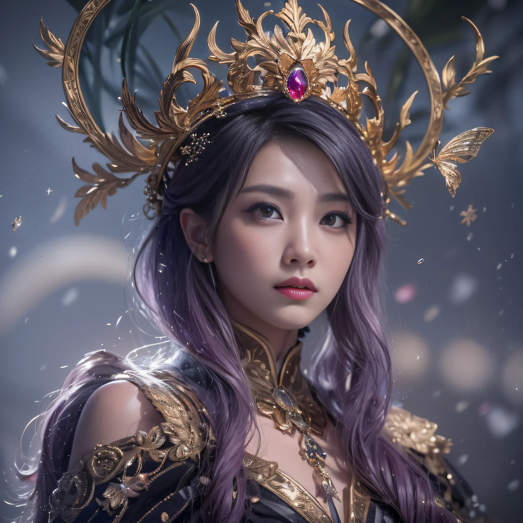 32K gradient glass texture(tmasterpiece,k hd,hyper HD,32K)Short purple-pink flowing hair,Pond area,Flame Girl ,Yao Lang protector (realisticlying:1.4),Python pattern robe,Black gold tiara,Snowflakes fluttering,The background is pure,Hold your head high,Be proud,The nostrils look at people, A high resolution, the detail, RAW photogr, Sharp Re, Nikon D850 Film Stock Photo by Jefferies Lee 4 Kodak Portra 400 Camera F1.6 shots, Rich colors, ultra-realistic vivid textures, Dramatic lighting, Unreal Engine Art Station Trend, cinestir 800,Hold your head high,Be proud,The nostrils look at people,Short burgundy hair