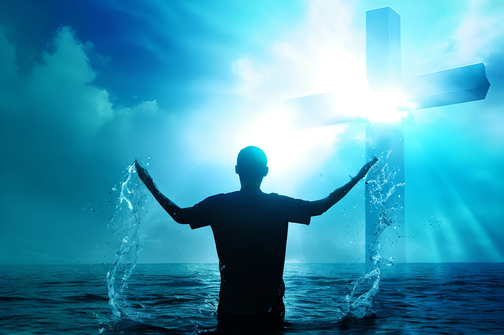 Arafed man standing in the water with his arms outstretched in front of a cross, com pano de fundo de raios de deus, Erguendo-se do oceano, levantando-se do oceano, batismo, adorar, Shutterstock, serene emotion, louvando o sol, spiritual lighting, an amazing photo, raios de deus passam pela janela, Imagem incrivelmente composta, photo illustration, cena espiritual, batizado
