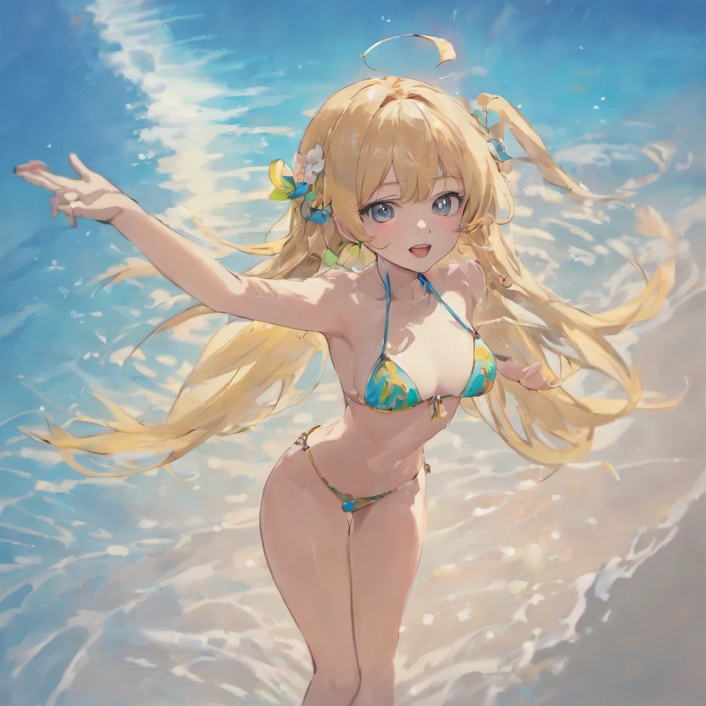 masterpiece,highres,breasts, arms behind back,swimsuit, 1girl, bikini, white_bikini, cloud, animal_ears, blue_sky, ocean, sky, hair_ornament, water, black_hair, day, long_hair, bracelet, wading, large_breasts, jewelry, smile, looking_at_viewer, blush, outdoors, open_mouth, hair_flower, wet, cloudy_sky, navel, flower, sparkle, masterpiece, best quality,