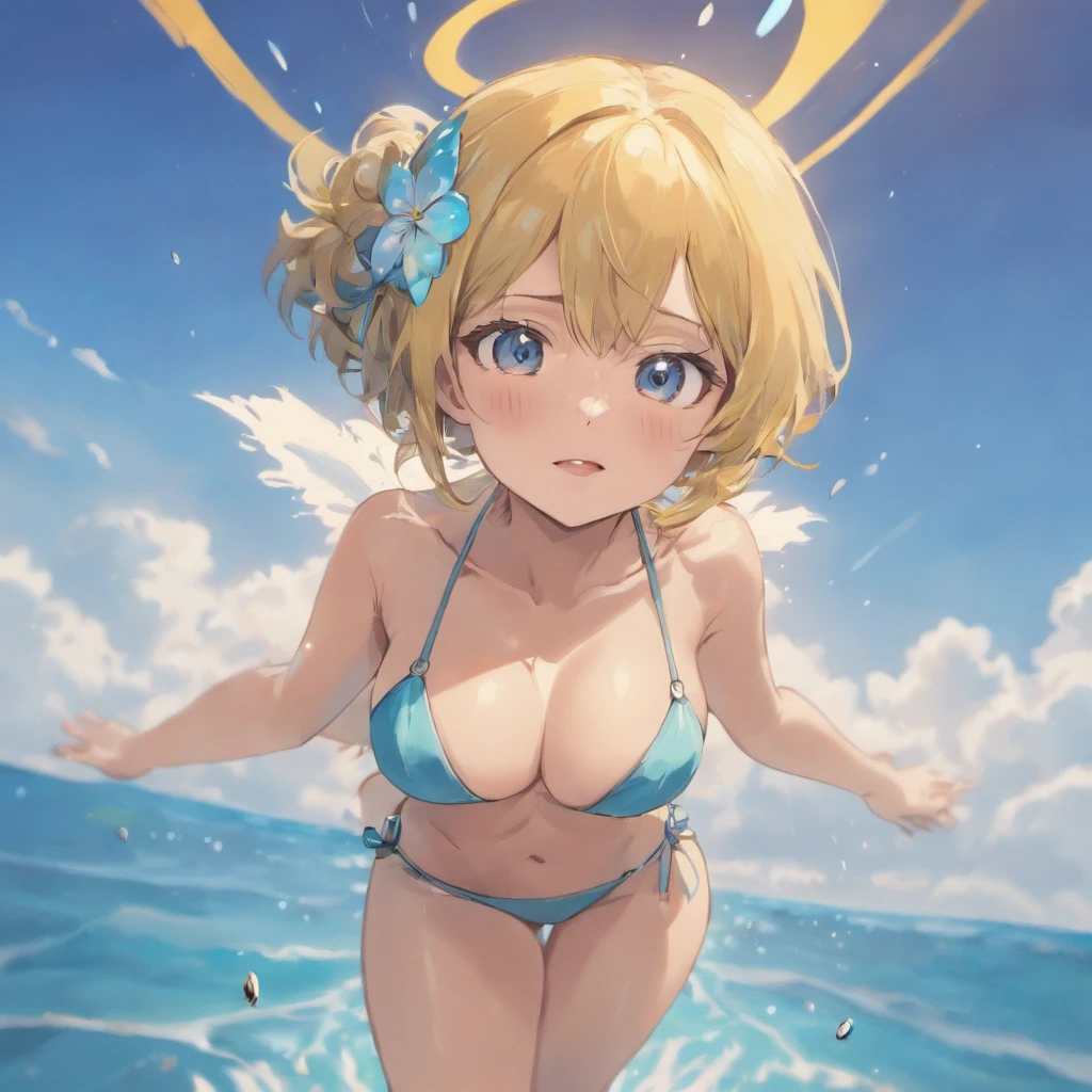 masterpiece,highres,breasts, arms behind back,swimsuit, 1girl, bikini, white_bikini, cloud, animal_ears, blue_sky, ocean, sky, hair_ornament, water, black_hair, day, long_hair, bracelet, wading, large_breasts, jewelry, smile, looking_at_viewer, blush, outdoors, open_mouth, hair_flower, wet, cloudy_sky, navel, flower, sparkle, masterpiece, best quality,