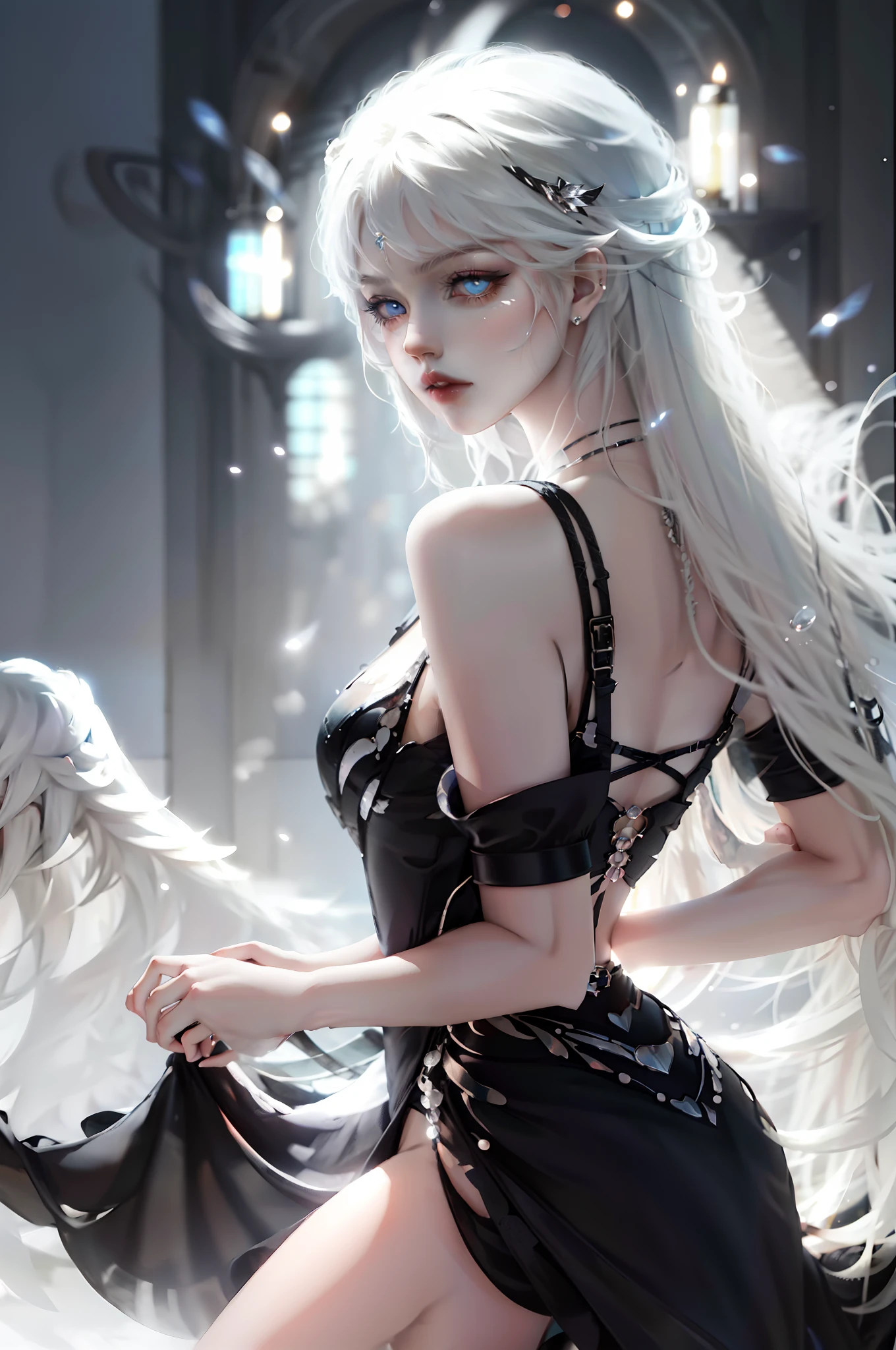 anime style, 1 girl, white hair, long hair, blue eyes, full body, angel wings, dark background, no sun, side pose, sexy, black dress, best quality, bangs, legs