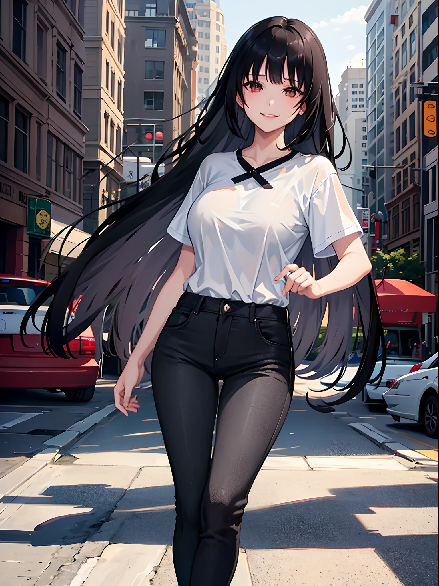 1girl, long black hair, bangs, brown eyes, wearing plain short sleeve black shirt, smiling, jeans, city, high res, ultrasharp, 8K, masterpiece, looking at viewer
