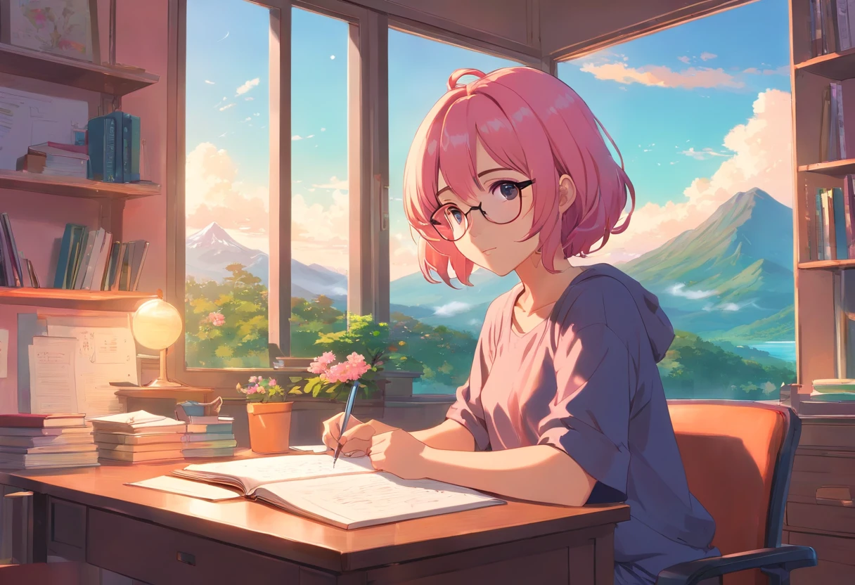 Lia a girl with pink hair, (dark skin), curly hair, studying in her peach pastel room, cozy study desk, glasses, large window overlooking beautiful nature scenery, (staring at the scenery), floral notebooks