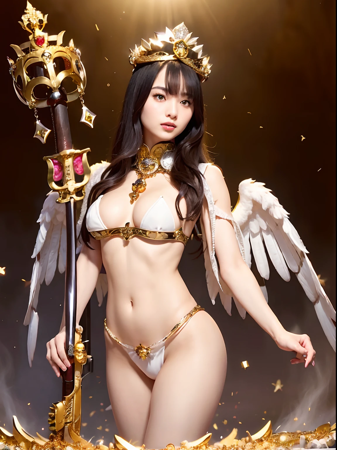 (Wearing a white micro bikini)、Professional , masterpiece、top-quality、photos realistic , depth of fields 、(A dark-haired) 、Glamorous body、(Gemstone White Metal Body:4.9),(Matte White、(Colossal tits)Particles of light、、The ultimate beauty face in a micro bikini、(Angel wings grow)、Pose Seductive、Jewel Gold Weapon(Jewel Metal Body:1.4),Gorgeous metal weapons ,(( Detailed and gorgeous sword of the brave)) ,Mystical expression、Light Effects、intense fighting、Wind-effect、 (A dark-haired) ,Wearing micro-bikini ,Detail and ornate jewel crown、((Micro Bikini Armor))、((Gangle's forest background))、Beautiful Caucasian beauty、1a person、dynamic ungle,(((Detailed and ornate diamond crown)))、Smaller head、A smile、Background inside the castle、Thin and beautiful female hands、Mystical expression、Light Effects、intense fighting、With the legendary magic wand、、Toostock、Anatomically correct body、