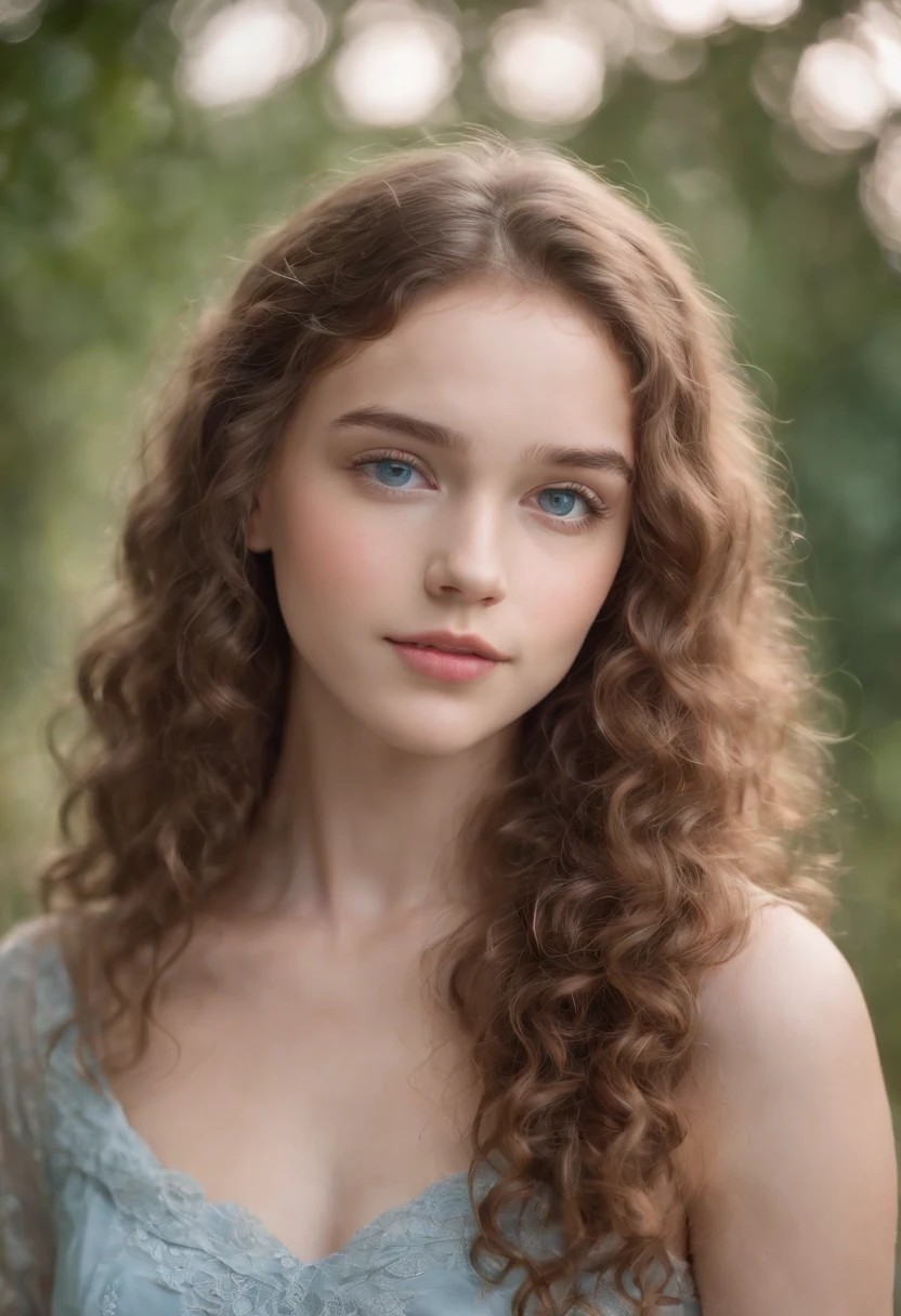 "Full body portrait of a charming girl 18yrs old with curly hair, petite figure, beautiful face, captivating blue eyes, and modest bust size, showcasing her natural beauty."
