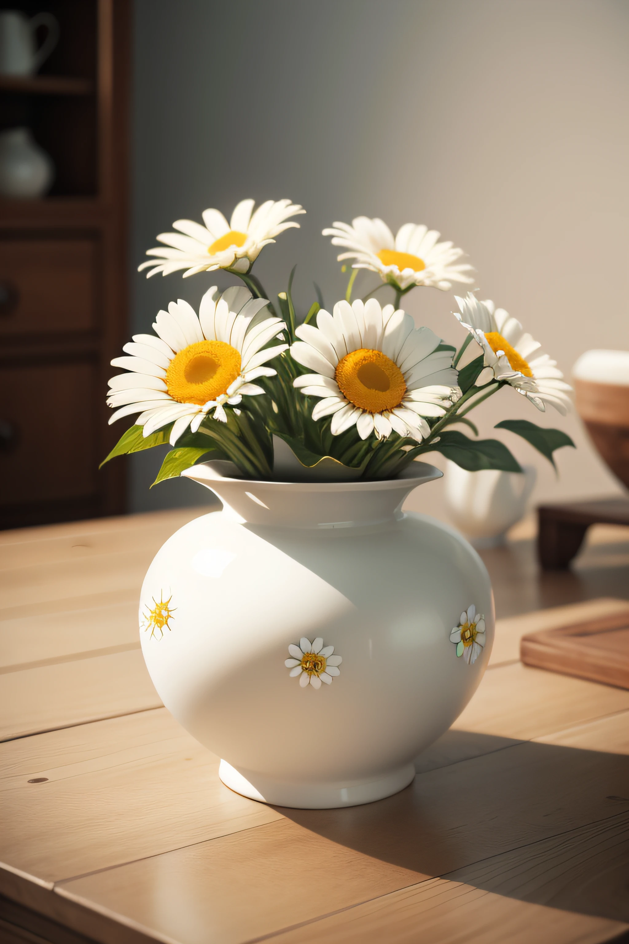 flower vessel with white daisies on the table, ultra realistic