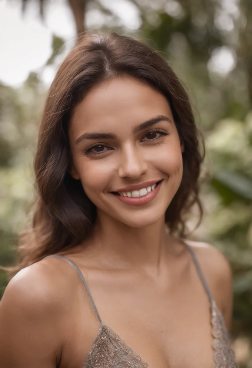 I want a picture of a smiling Brazilian woman, who has a truly humanized body, for an Instagram profile in revealing clothing from Brazil. Dezent erotisch
