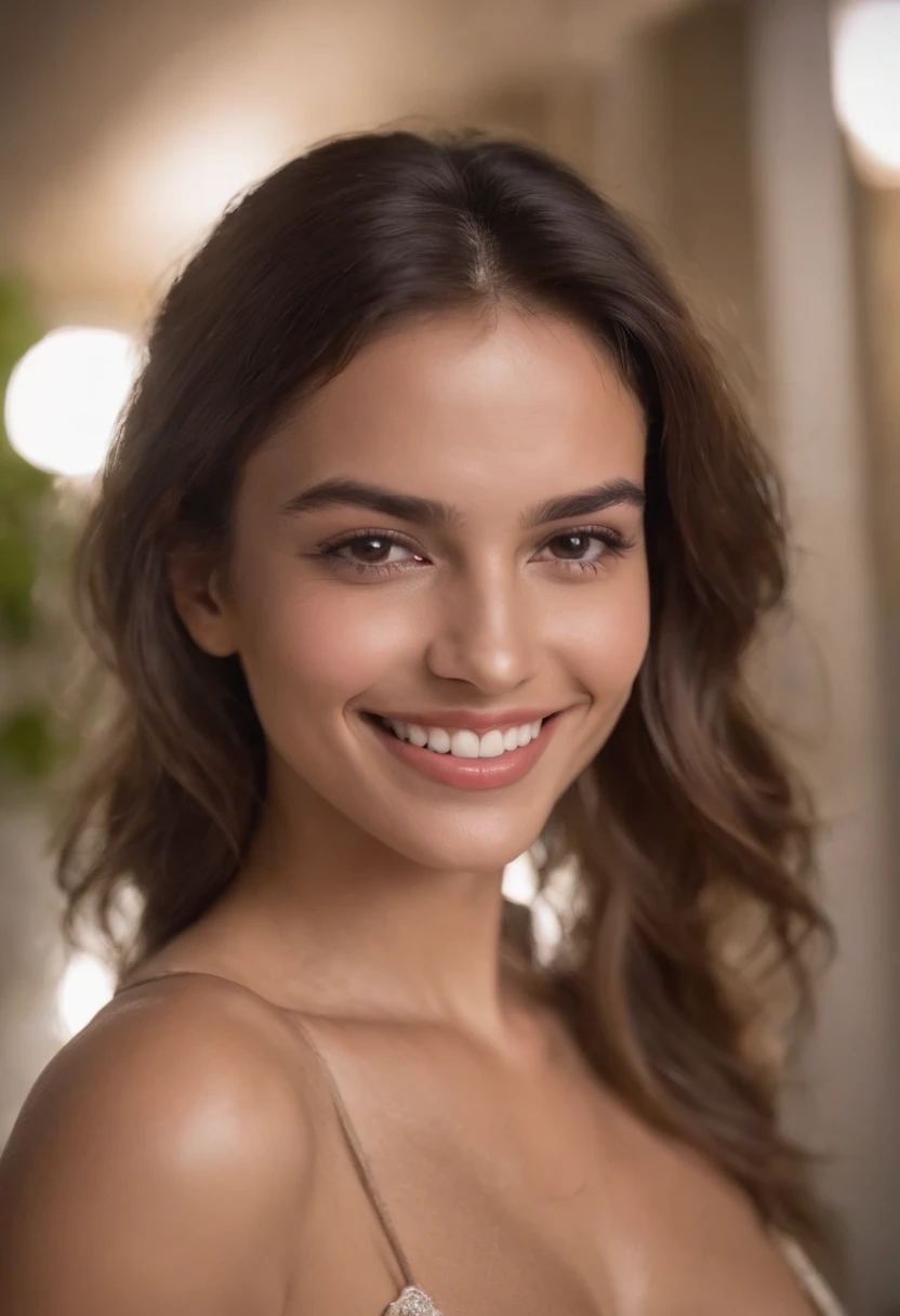 I want a picture of a smiling Brazilian woman, who has a truly humanized body, for an Instagram profile in revealing clothing from Brazil. Dezent erotisch