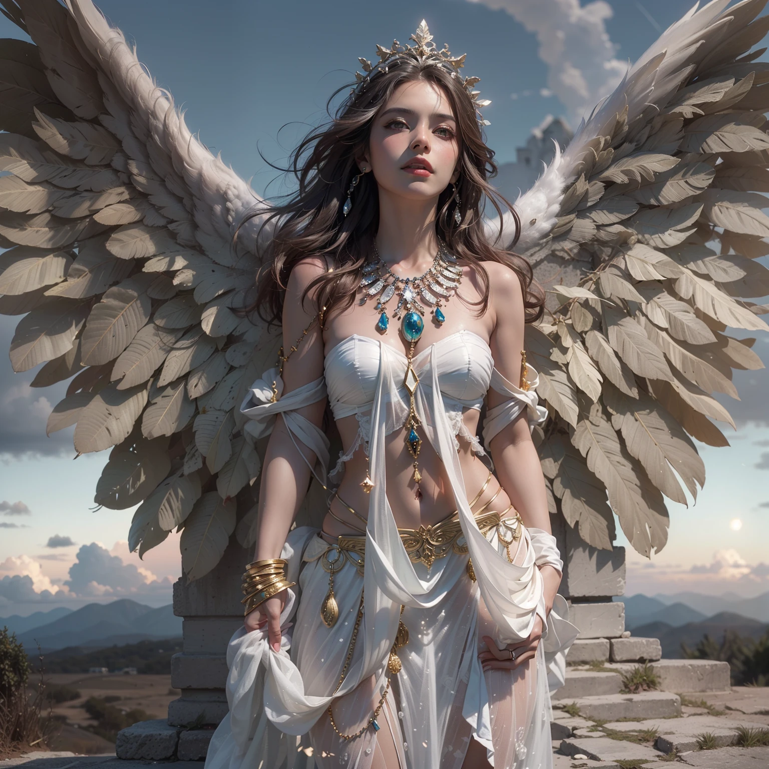 (Numerous award-winning masterpieces, with incredible details, Textures and maximum details), (Full body freeze frame:1.8), (Upper body up:0.3), (hyper realisti:1.4), (realisti:1.3), (best quality, real texture skin), (finely detailed true circle symmetrical eyes), (finely drawn beautiful face), (Angel ring of divine brilliance above the head:1.8), ((Medieval world)), (Black Angel of the Lord or White Angel of the Lord:1.6), (Full body freeze frame:1.8), (Lovely, Friendly eyes), (She has a blissful smile on her face), (Beautifully colored eyes full of compassion), (Full body freeze frame:1.8), Bright majestic clouds and sky, (optical halo phenomenon:1.3), (Angels dancing in the background), (dramatic light), (majestic sight), (Her expression is cheerful, full of tenderness and very beautiful), ((Large wings with pure white feathers behind the shoulders)), (((Folded wings))), Glass earrings on the ears, (((dramatic photo))), (dusk), (sun set), (dusk), (Sacred Pose), (golden hair), (Silver hair), (auburn hair), short cut hair, ((looks up)), ((looking down)), ((gives Full body freeze frame)), (Around her neck she wears a simple necklace of exquisite workmanship), Other, ruins overgrown by plants, large temple, large cathedral, Temple ruins, freestanding temple, (Glowing magic circle), Ruins of an old castle, Abandoned ruins, crumbling ruins, Ancient ruins with clear water, holy light, epic realisti, ((Neutral Colors)), (HDR:1.5), (muted colors:1.2), Hyperdetailed, filmic, warm lighting, dramatic light, (Intricate detailing:1.1), complex background,