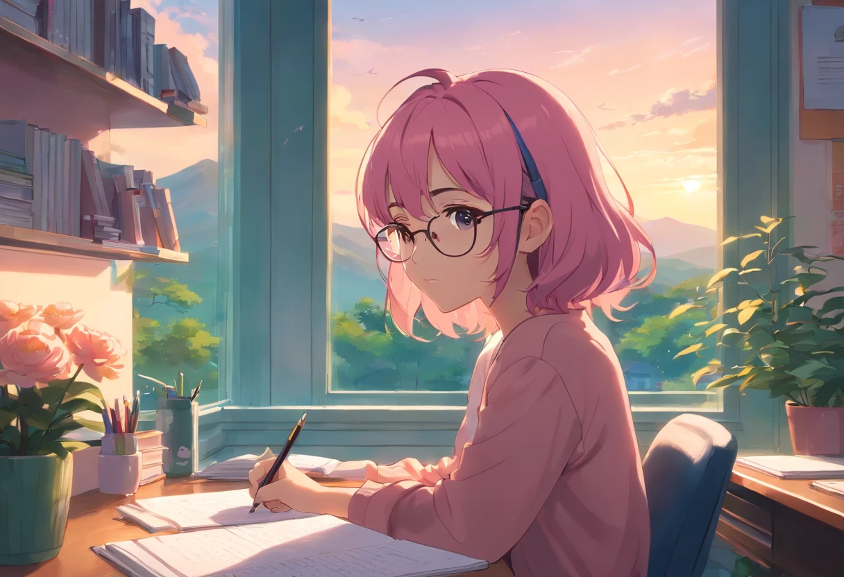 Lia a girl with pink hair, (dark skin), curly hair, studying in her peach pastel room, cozy study desk, glasses, large window overlooking beautiful nature scenery, (staring at the scenery), floral notebooks