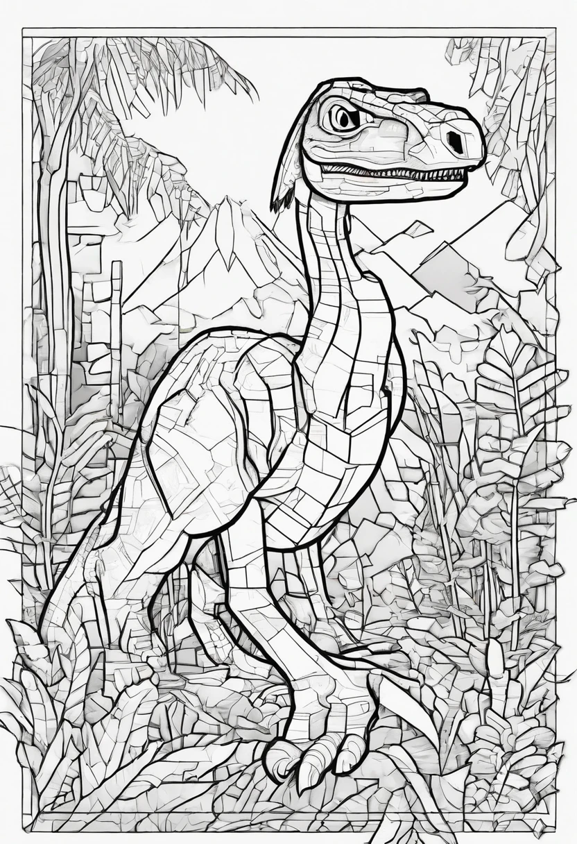 Coloring doodle for kids,velociraptor in a jungle, Animated doodle style, heavy lines, Low detail, No shading: AR 9:11