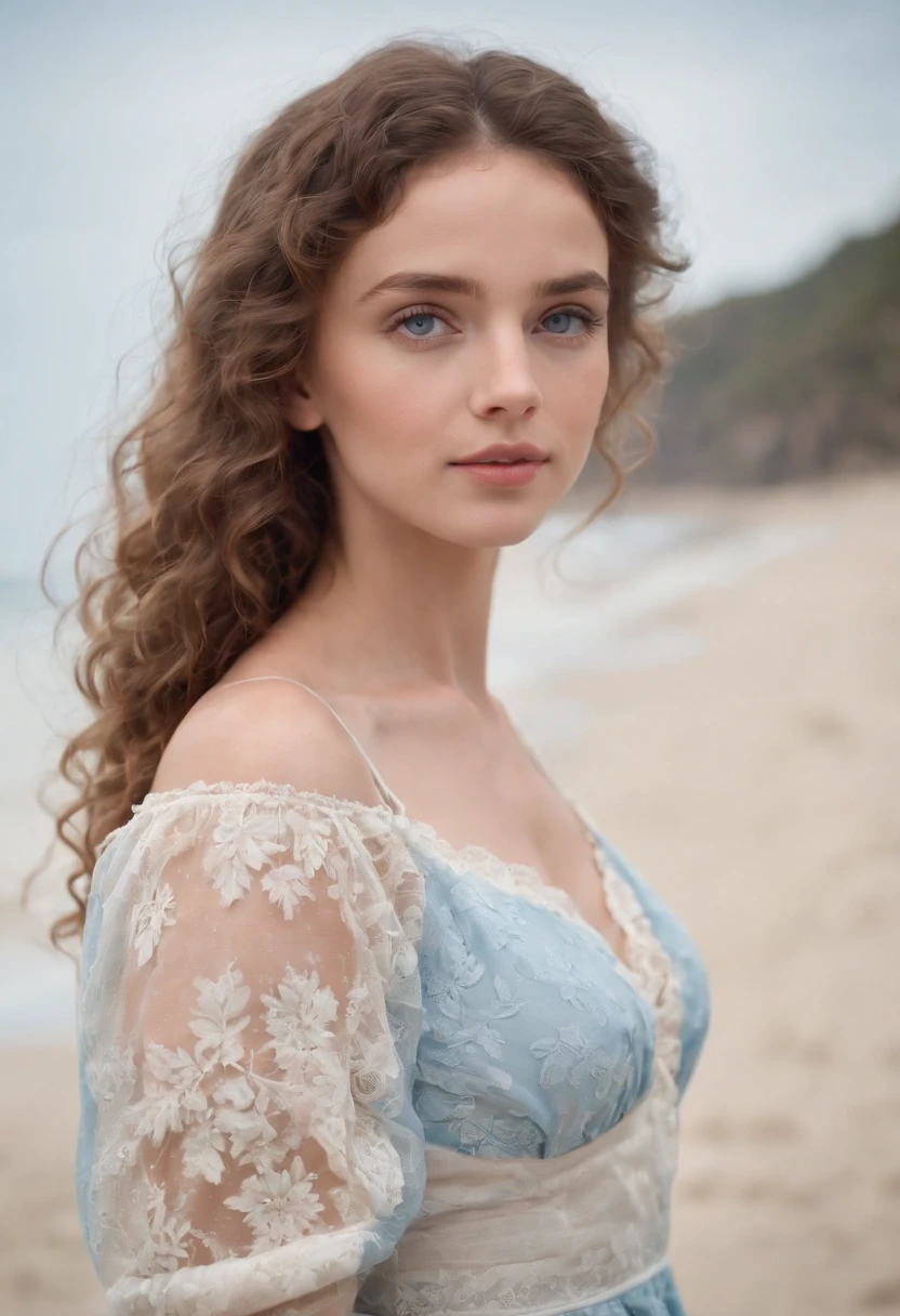 "Full body portrait of a charming girl at the beach, with curly hair, petite figure, beautiful face, captivating blue eyes, and modest bust size, showcasing her natural beauty."