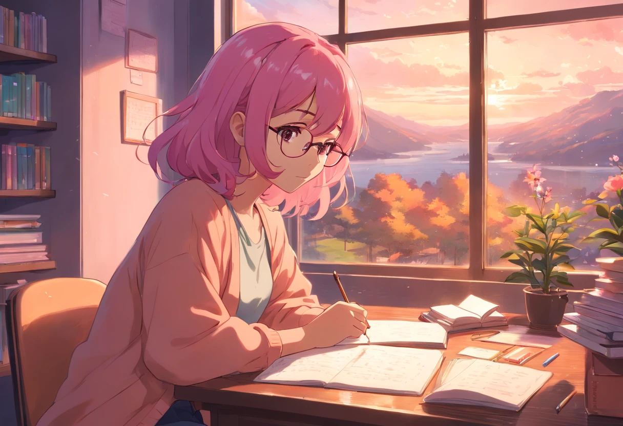 Lia a girl with pink hair, (dark skin), curly hair, studying in her peach pastel room, cozy study desk, glasses, large window overlooking beautiful nature scenery, (staring at the scenery), floral notebooks, raining