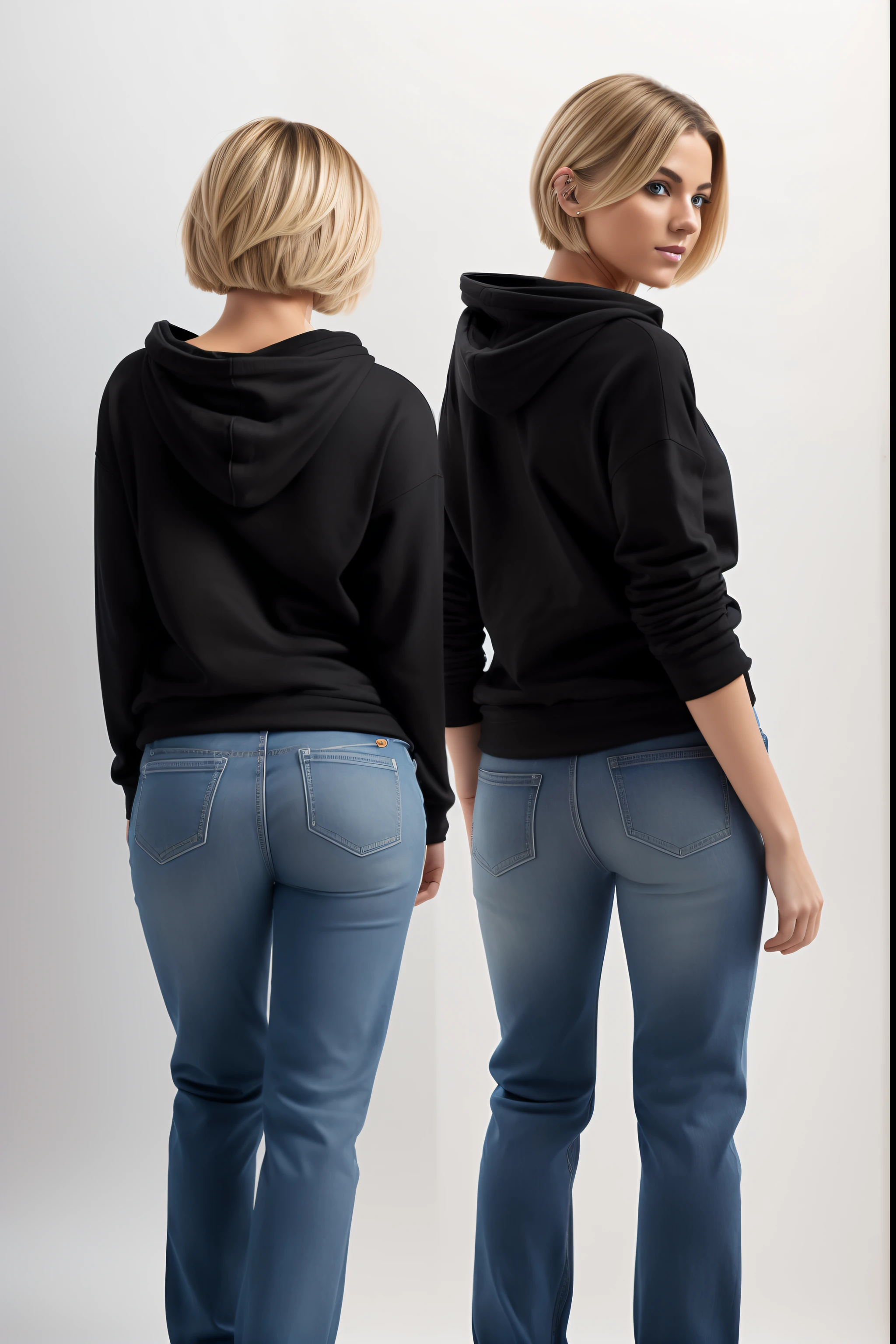 Different poses, (((Rear view, Rear view))), Beautiful European girl with blonde hair , short bob cut , 25 years,,Wearing a long, wide loose below the waist black hoodie and blue jeans , Posing for a photo , whitebackground, Chaos 25,