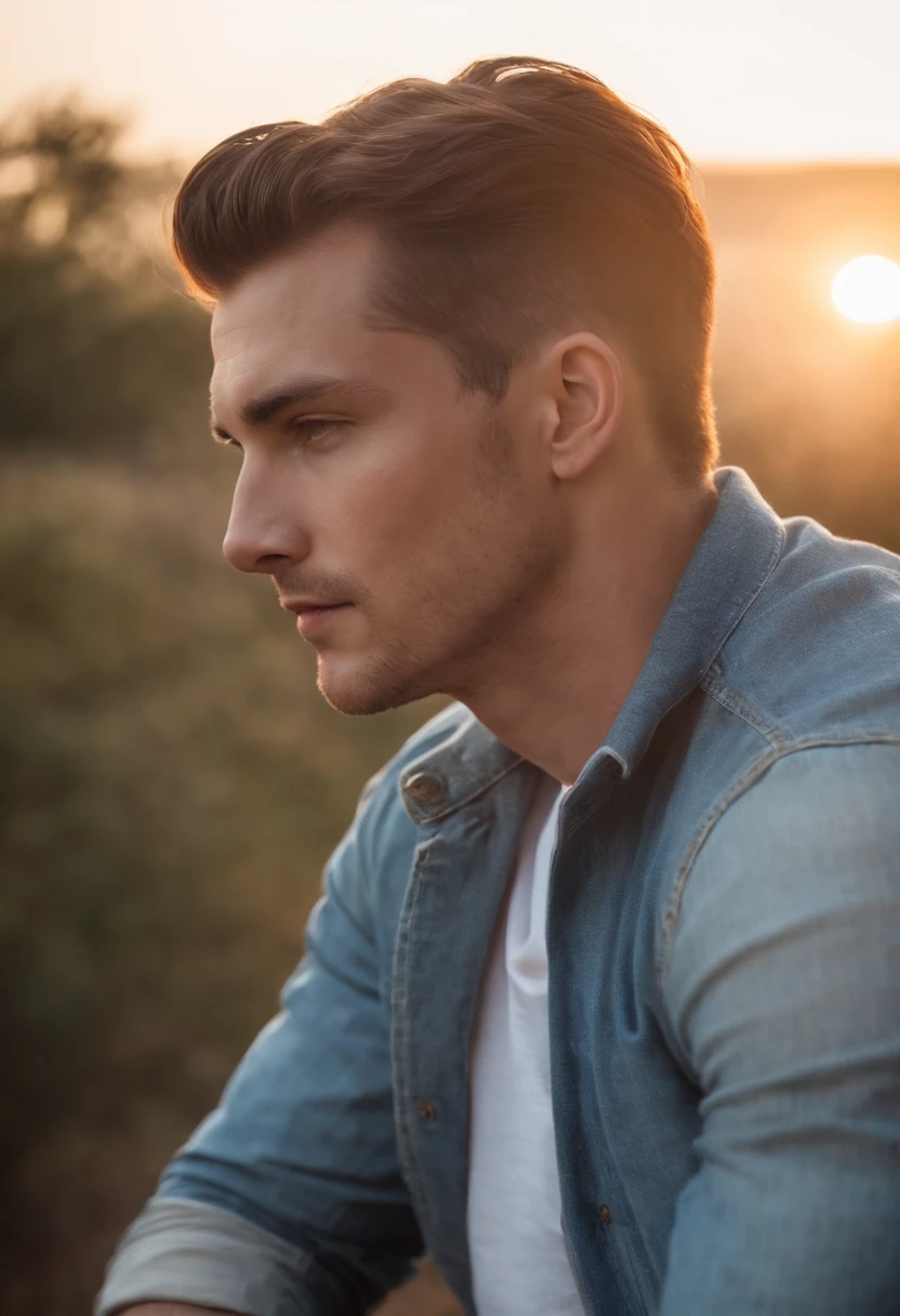 A sitting slick back Chestnut hair male man with jeans profile side view as seen from below, looking at the Sunrise, sunkissed, cinematic view, contemplating loss
