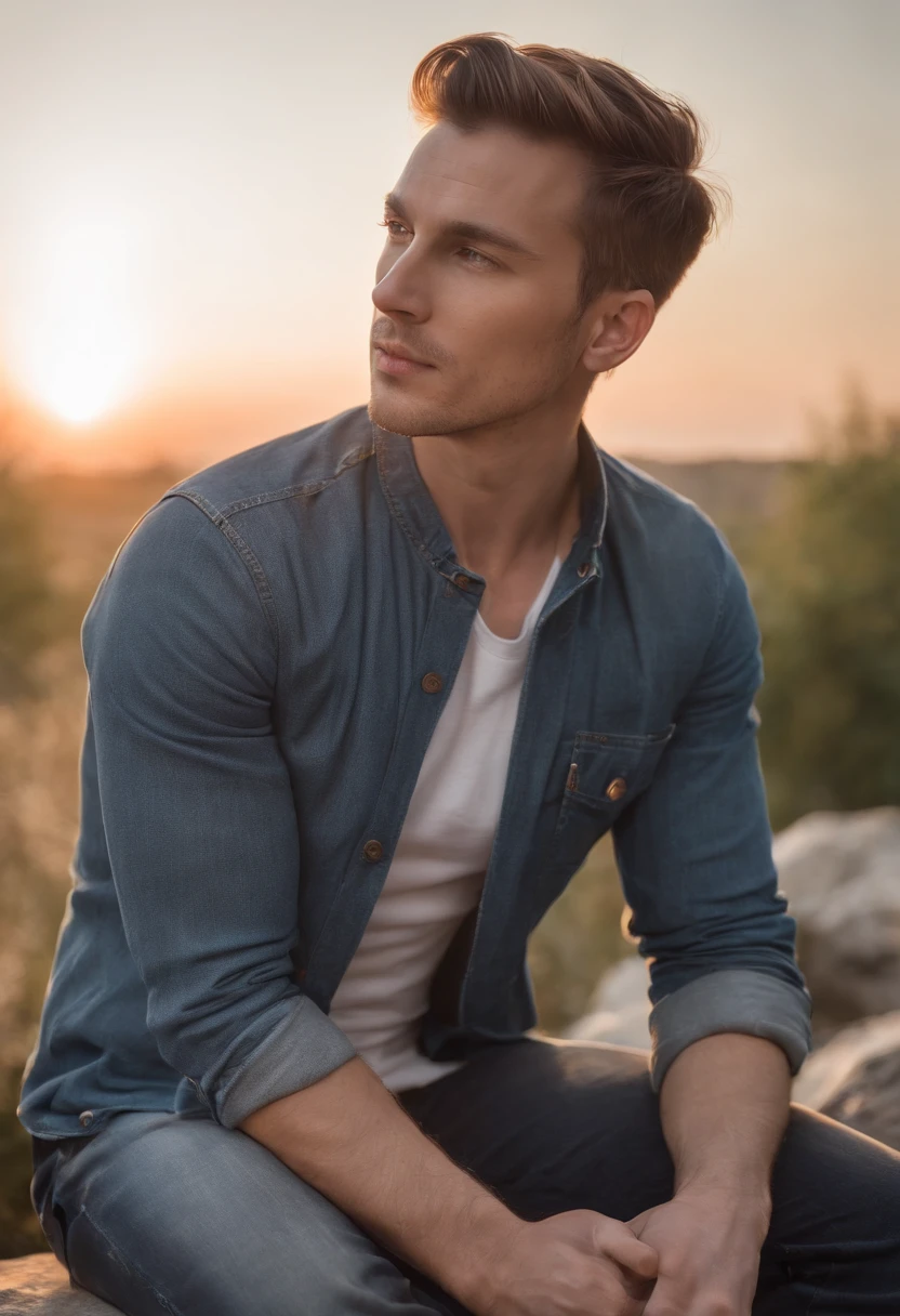 A full body view of a sitting slick back Chestnut hair male man with jeans  profile side view as seen from below, looking at the Sunrise, sunkissed, cinematic view, contemplating loss