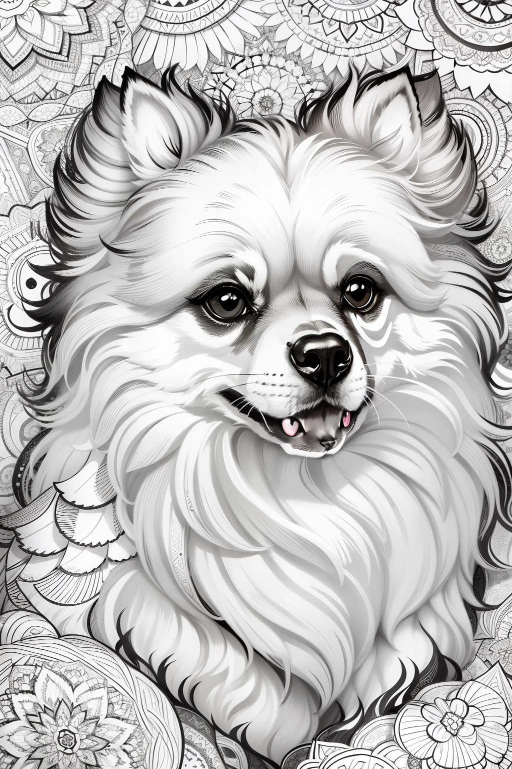 Pomerania for a coloring, preto e branco, linhas em negrito, linhas escuras, estilo mandala, simetrico, fundo branco, Arte de linha limpa, arte de linha fina, preto e branco, livro de colorir