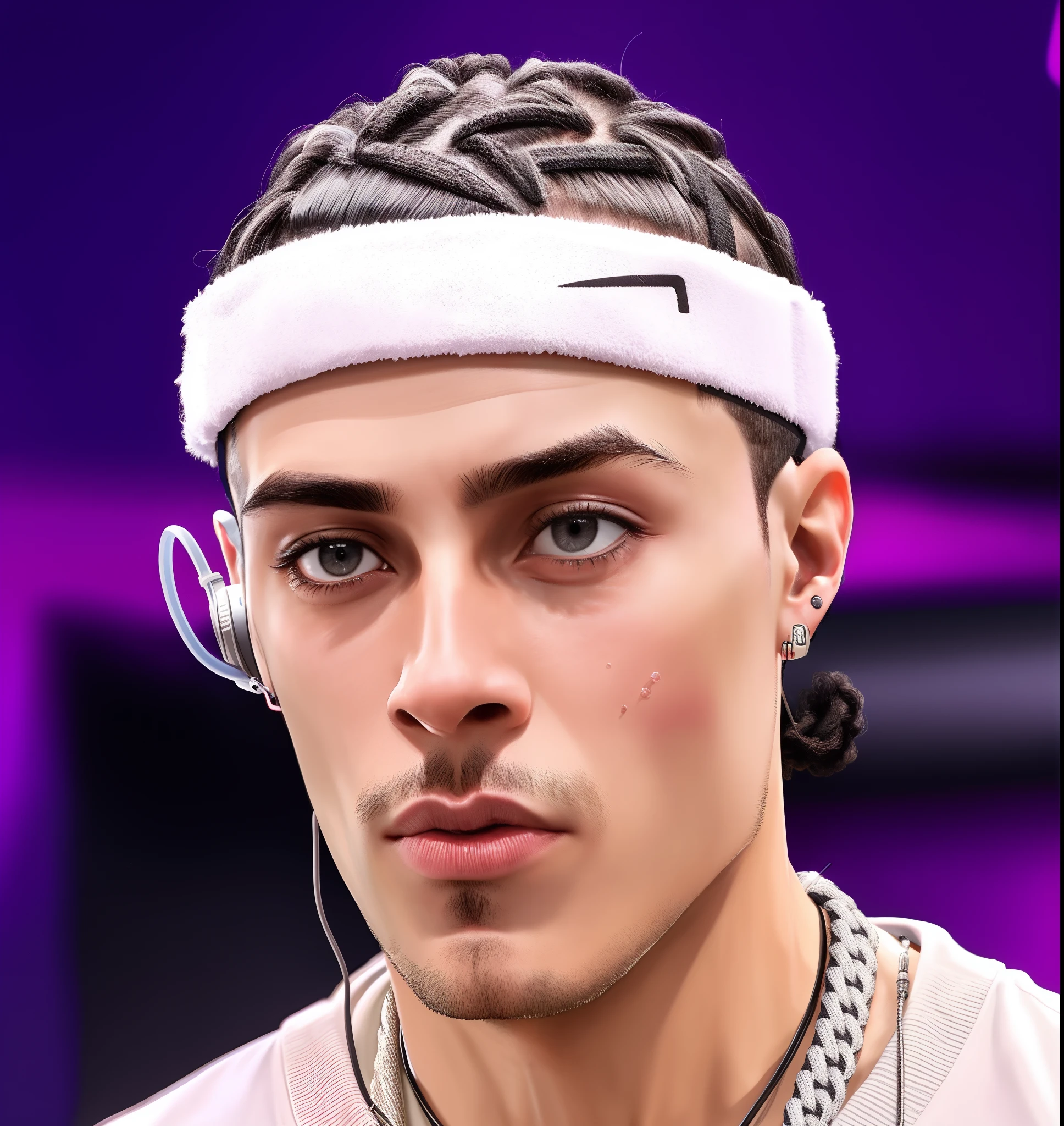 arafed man with a headband and earphones on looking at the camera, taken in the early 2020s, buzzed hair on temple, style of seb mckinnon, unibrow, xxxtentacion, one raised eyebrow, in style of tyler mitchell, style of jordan grimmer, taken in 2022, slick hair, bella poarch