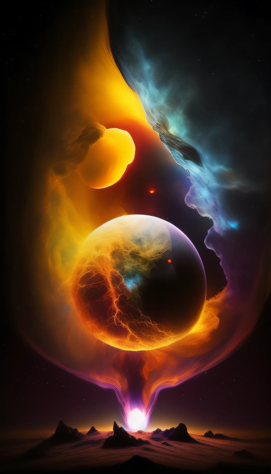 a picture of a picture of a planet with a fire in the middle, cosmic and colorful, planets colliding, two planets colliding, cosmic colors, space colors, beautiful image ever created, lush and colorful eclipse, magical colors and atmosphere, space art, surreal space, magical colours and atmosphere, orange fire/blue ice duality!, colorful torn nebulas