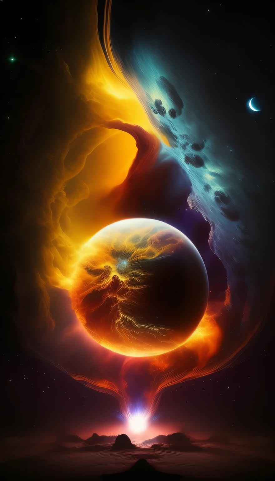 a picture of a picture of a planet with a fire in the middle, cosmic and colorful, planets colliding, two planets colliding, cosmic colors, space colors, beautiful image ever created, lush and colorful eclipse, magical colors and atmosphere, space art, surreal space, magical colours and atmosphere, orange fire/blue ice duality!, colorful torn nebulas