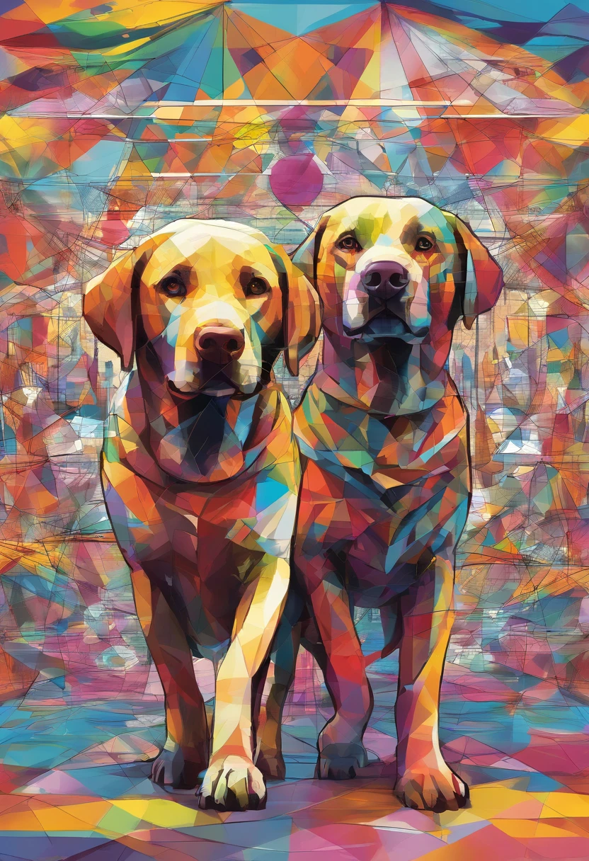 (cachorro labrador ),(melhor pose),(best angle), (better expression), Eduardo Kobra acolchoamento ,multidimensional geometric wall PORTRAIT, Two men walking and happy , lindo, Colouring,