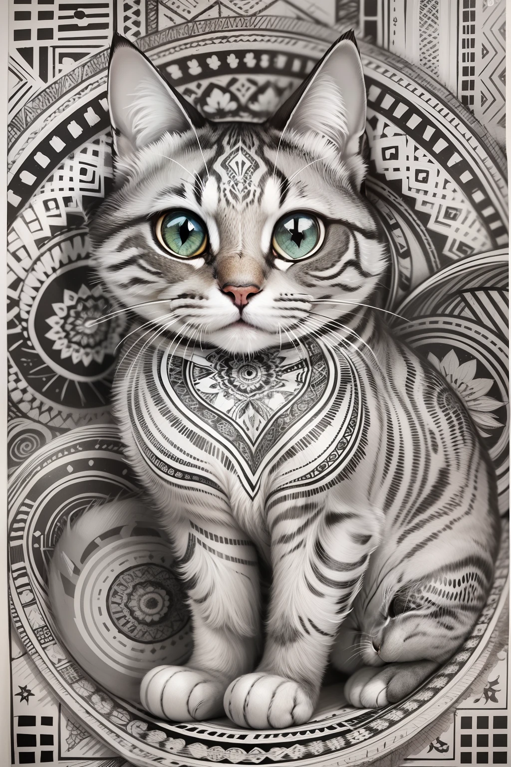 Desenho de um gato para colorir , preto e branco, linhas em negrito, linhas escuras, estilo mandala, simetrico, fundo branco, Arte de linha limpa, arte de linha fina, preto e branco, livro de colorir