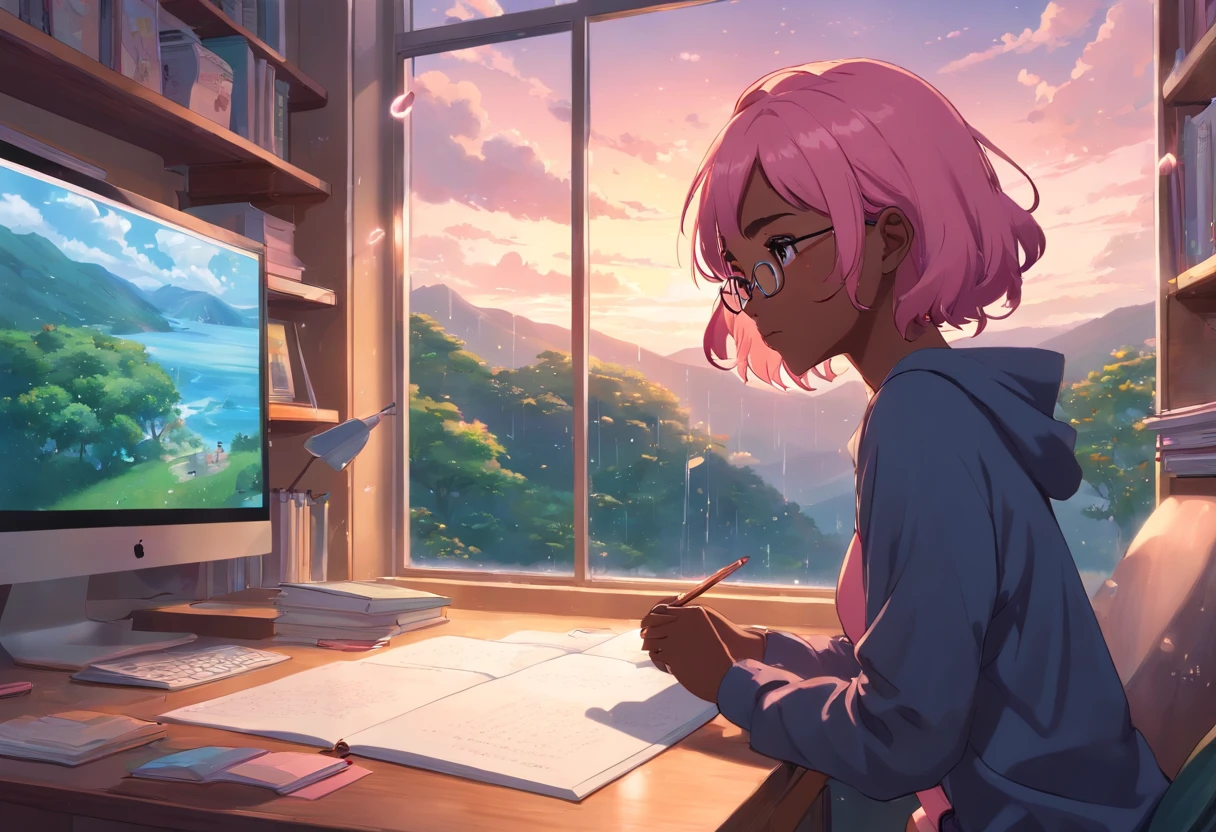 Lia a girl with pink hair, (dark skin), curly hair, studying in her peach pastel room, cozy study desk, glasses, large window overlooking beautiful nature scenery, (staring at the scenery), floral notebooks, (raining), (dark skin)