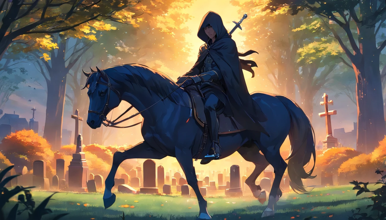 a man riding on the back of a horse in a cemetery, Artstation contest winner, gothic art, portrait of grim reaper, shining armour made of steel, dark. no text, detailed image, graveside, grim gwent card, covet death, award winning concept artist, editorial image, man in horse costume