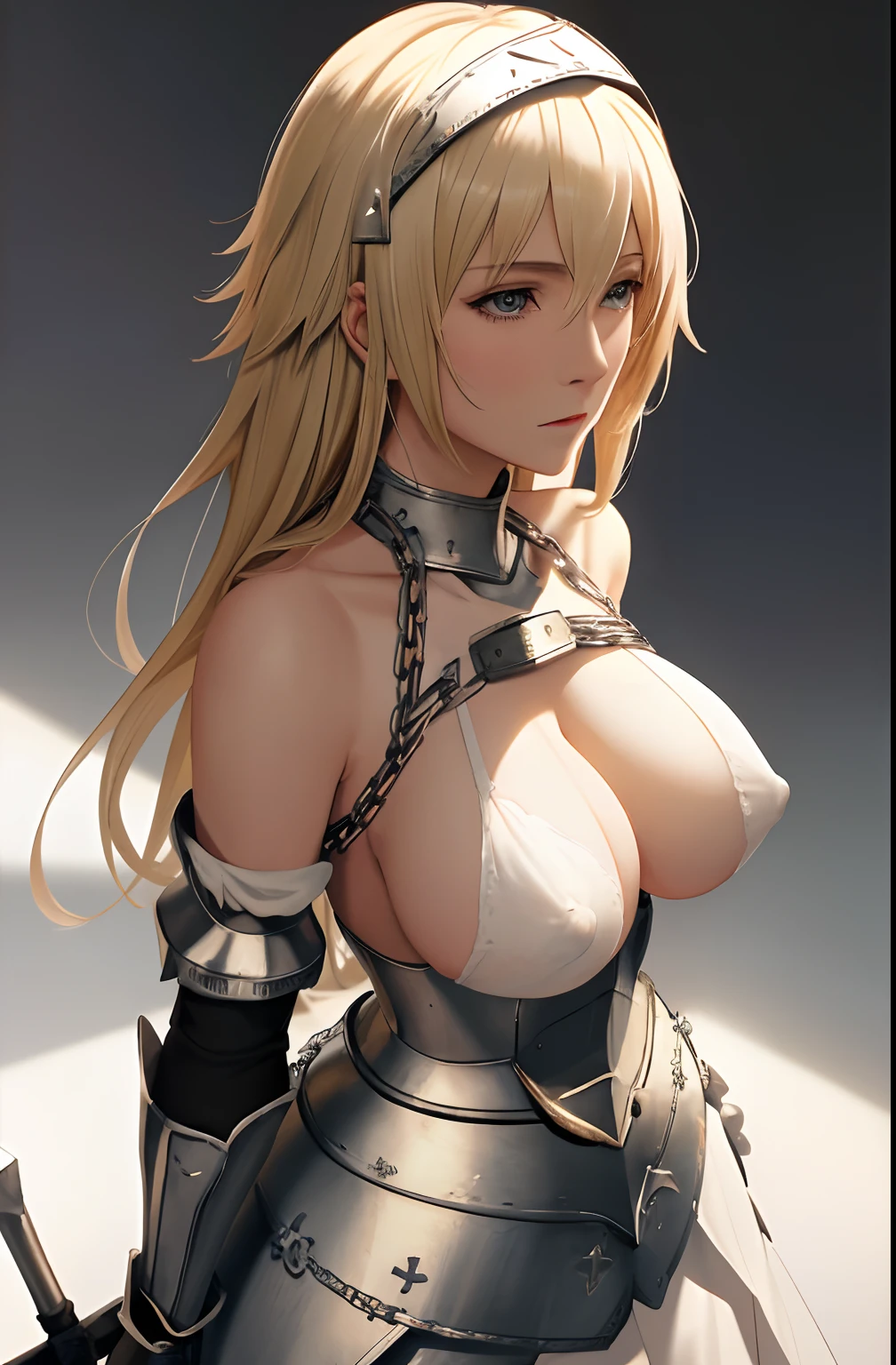 best quality, masterpiece,highly detailed,anime,1girl, adult face, mature face, mature female, mature woman, mature beauty, adult blonde, mature blonde,upper body,(jeanne d'arc),big breasts, large breasts, breast size 95cm, huge breasts, perfect face,blond hair,long hair,(white clothes),(bare shoulder),armored dress,no armor on breasts,breasts covered by white clothes from above,chain,headwear,flag,battlefield in background,depth of field,looking at viewer,cinematic lighting, tit fuck from side, paizuri from side, nipples, hard cock rubbing nipples, penis stroking nipples, hard cock rubbing big breasts,