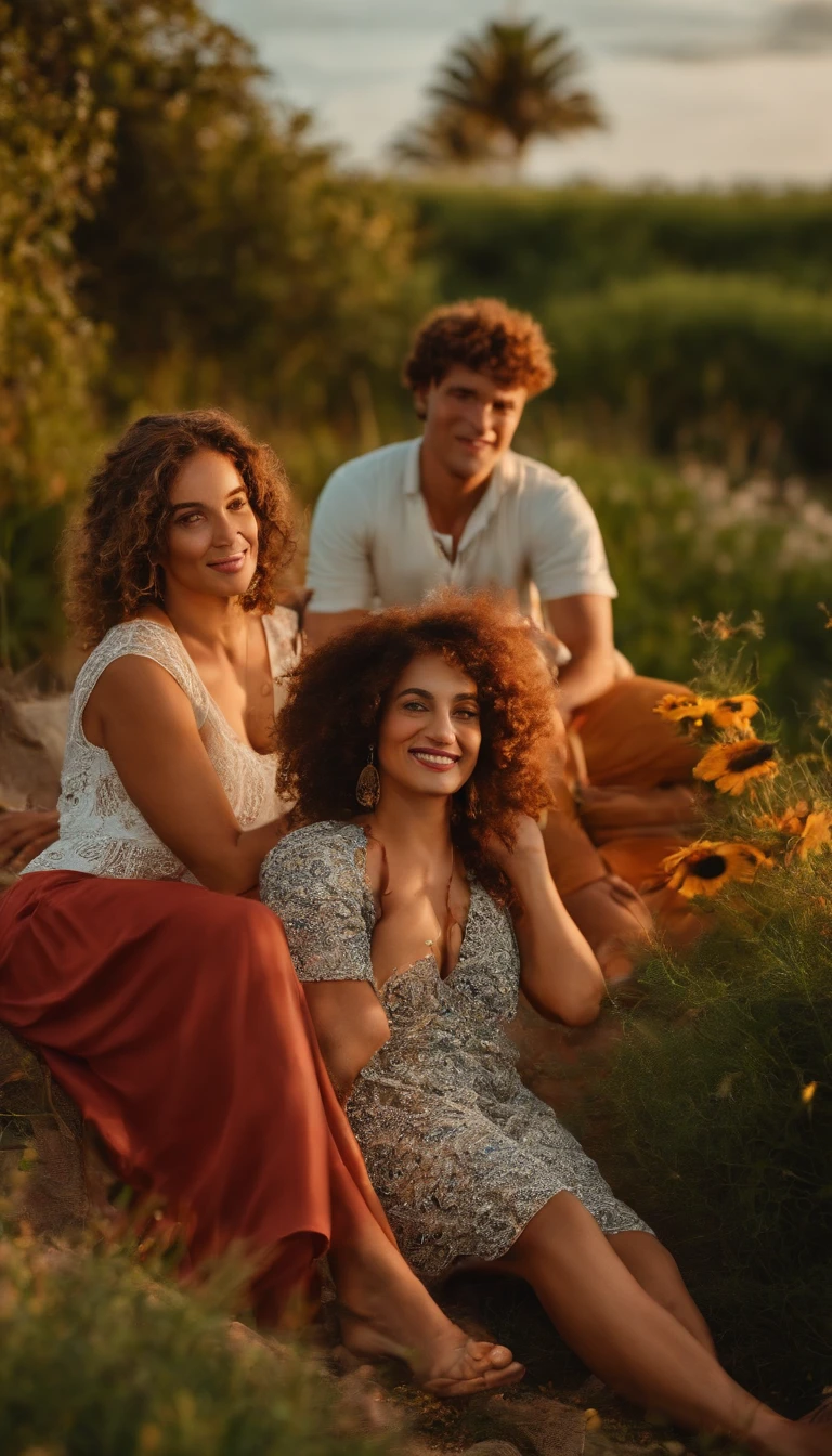 4 pessoas, sendo 2 mulheres e 2 homens, todos jovens de 25 anos. Late afternoon if summer