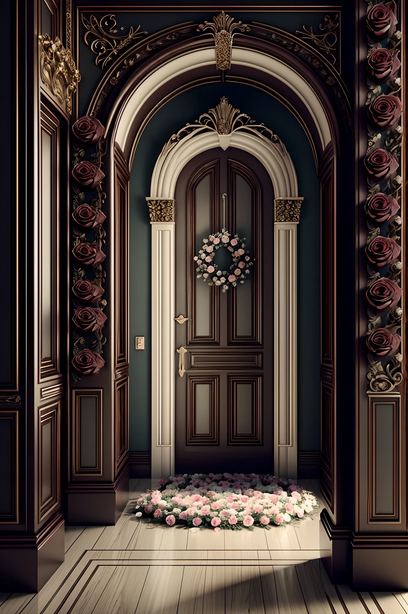 RAW photo, best, masterpiece, best quality, high quality, extremely detailed, there is a doorway with a bunch of flowers on the outside, portal made of roses, in romantic style, romantic themed, retro vintage and romanticism, retro dark vintage, dramatic entry, flower shop scene, beautiful aesthetic, romantic style, rich deep colors masterpiece, beautiful composition, roses in cinematic light, ornate and elegant, dramatic backgroung, ornate retreat, ultra hd, realistic, vivid colors, highly detailed, UHD drawing, pen and ink, perfect composition, beautiful detailed intricate insanely detailed octane render trending on artstation, 8k artistic photography, photorealistic concept art, soft natural volumetric cinematic perfect light