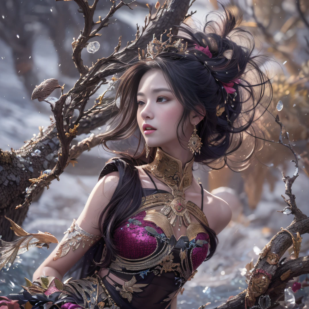 32K gradient glass texture(tmasterpiece,k hd,hyper HD,32K)Short purple-pink flowing hair,Pond area,Flame Girl ,Yao Lang protector (realisticlying:1.4),Python pattern robe,Black gold tiara,Snowflakes fluttering,The background is pure,Hold your head high,Be proud,The nostrils look at people, A high resolution, the detail, RAW photogr, Sharp Re, Nikon D850 Film Stock Photo by Jefferies Lee 4 Kodak Portra 400 Camera F1.6 shots, Rich colors, ultra-realistic vivid textures, Dramatic lighting, Unreal Engine Art Station Trend, cinestir 800,Hold your head high,Be proud,The nostrils look at people,Short burgundy hair