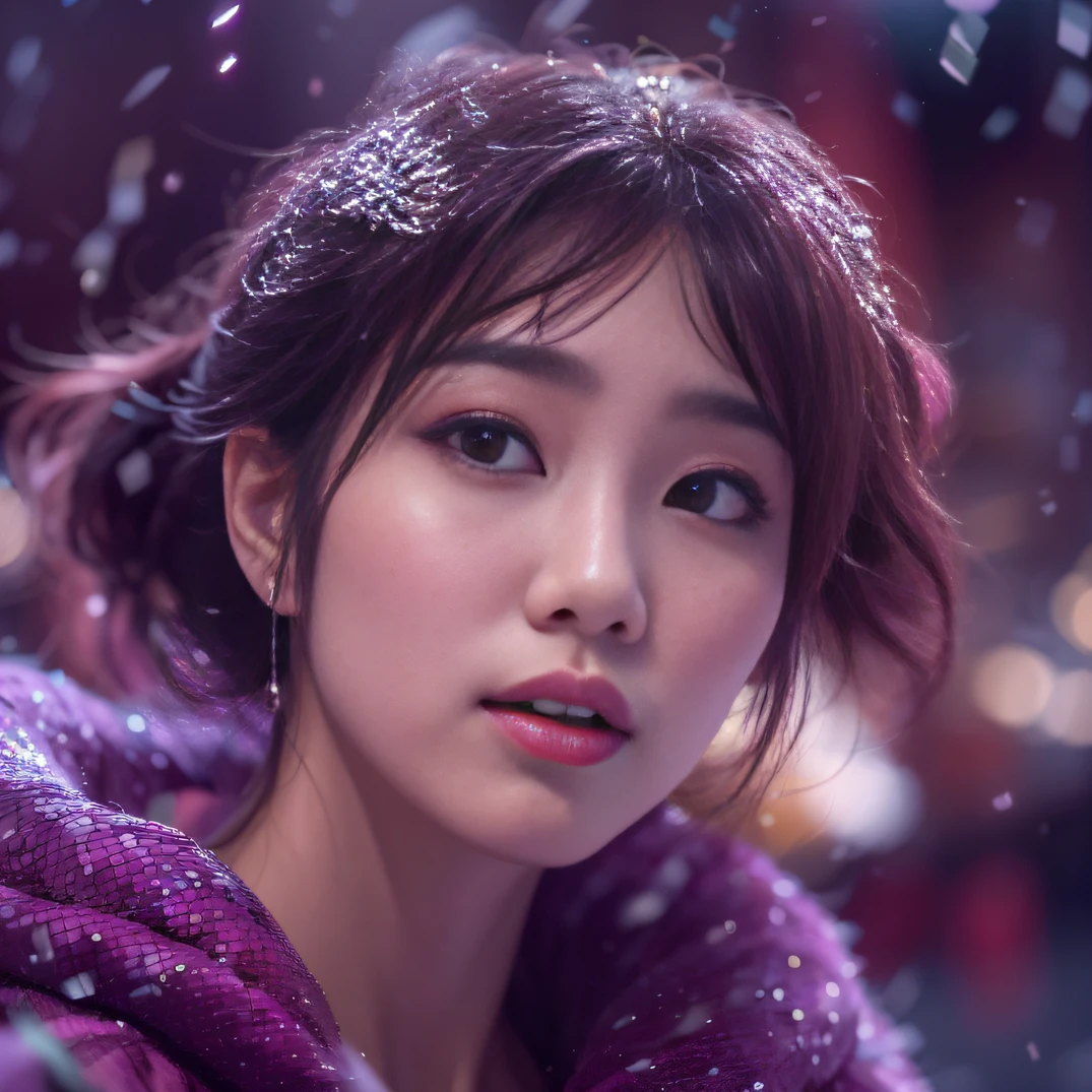 32K gradient glass texture(tmasterpiece,k hd,hyper HD,32K)Short purple-pink flowing hair,Pond area,Flame Girl ,Yao Lang protector (realisticlying:1.4),Python pattern robe,Black gold tiara,Snowflakes fluttering,The background is pure,Hold your head high,Be proud,The nostrils look at people, A high resolution, the detail, RAW photogr, Sharp Re, Nikon D850 Film Stock Photo by Jefferies Lee 4 Kodak Portra 400 Camera F1.6 shots, Rich colors, ultra-realistic vivid textures, Dramatic lighting, Unreal Engine Art Station Trend, cinestir 800,Hold your head high,Be proud,The nostrils look at people,Short burgundy hair