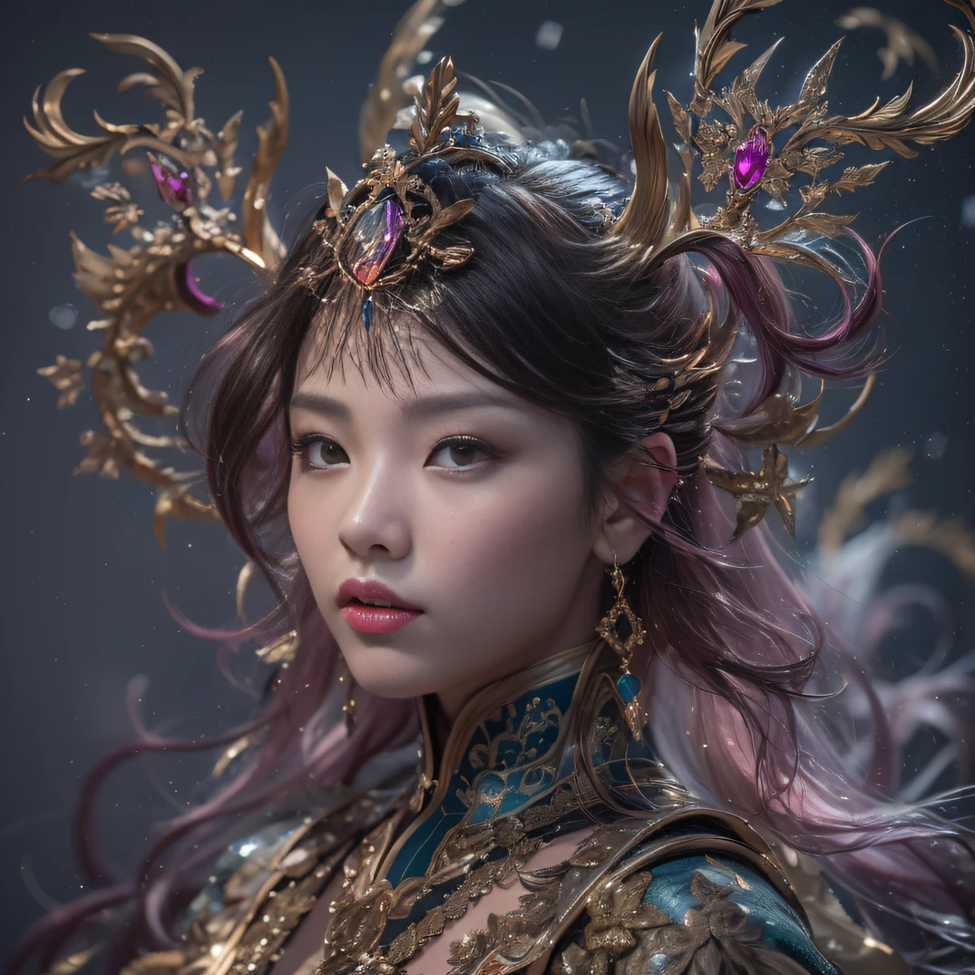 32K gradient glass texture(tmasterpiece,k hd,hyper HD,32K)Short purple-pink flowing hair,Pond area,Flame Girl ,Yao Lang protector (realisticlying:1.4),Python pattern robe,Black gold tiara,Snowflakes fluttering,The background is pure,Hold your head high,Be proud,The nostrils look at people, A high resolution, the detail, RAW photogr, Sharp Re, Nikon D850 Film Stock Photo by Jefferies Lee 4 Kodak Portra 400 Camera F1.6 shots, Rich colors, ultra-realistic vivid textures, Dramatic lighting, Unreal Engine Art Station Trend, cinestir 800,Hold your head high,Be proud,The nostrils look at people,Short burgundy hair
