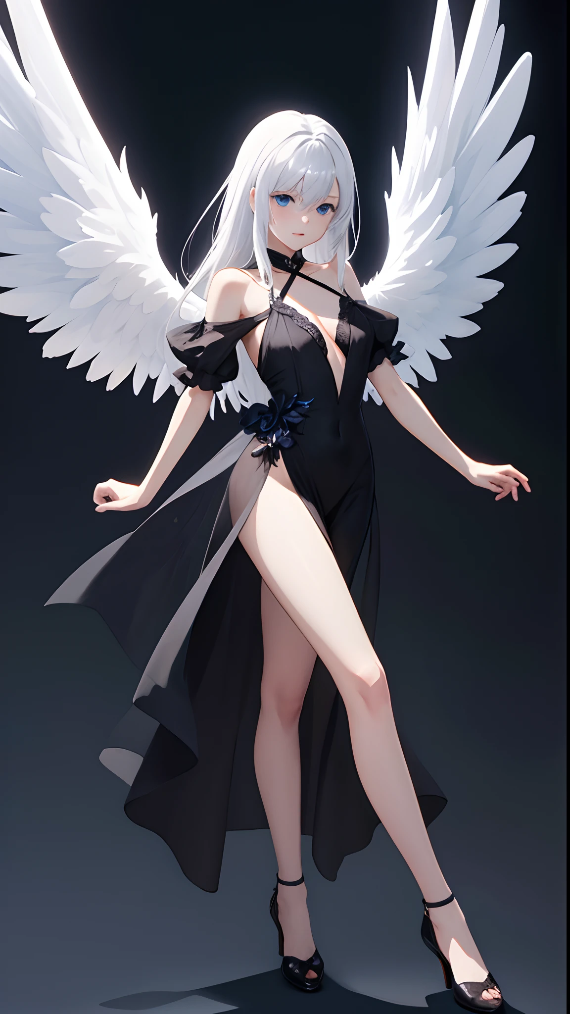 masterpiece, best quality, ultra -detailed, finely detail, highres, anime style, 1girl, white hair, long hair, blue eyes, full body, Angel Wings, dark background, no sun, side pose, sexy, black dress, best quality, bangs, leg