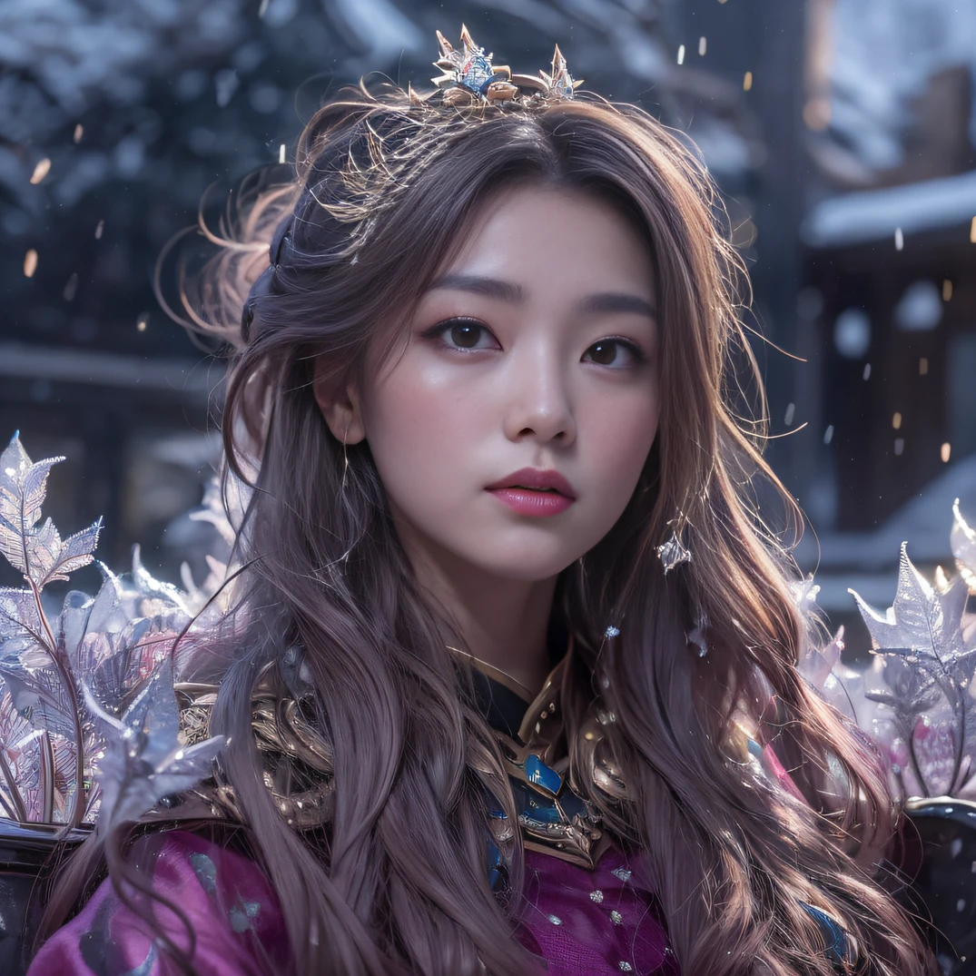 32K gradient glass texture(tmasterpiece,k hd,hyper HD,32K)Short purple-pink flowing hair,Pond area,Flame Girl ,Yao Lang protector (realisticlying:1.4),Python pattern robe,Black gold tiara,Snowflakes fluttering,The background is pure,Hold your head high,Be proud,The nostrils look at people, A high resolution, the detail, RAW photogr, Sharp Re, Nikon D850 Film Stock Photo by Jefferies Lee 4 Kodak Portra 400 Camera F1.6 shots, Rich colors, ultra-realistic vivid textures, Dramatic lighting, Unreal Engine Art Station Trend, cinestir 800,Hold your head high,Be proud,The nostrils look at people,Short burgundy hair