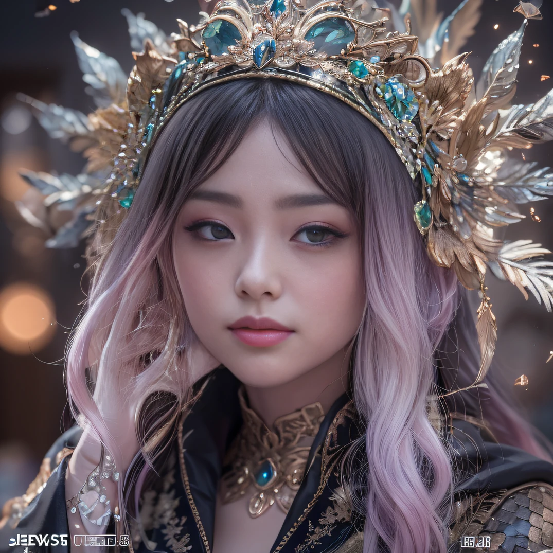 32K gradient glass texture（tmasterpiece，k hd，hyper HD，32K）Short purple-pink flowing hair，Pond area，Flame Girl ，Yao Lang protector （realisticlying：1.4），Python pattern robe，Black gold tiara，Snowflakes fluttering，The background is pure，Hold your head high，Be proud，The nostrils look at people， A high resolution， the detail， RAW photogr， Sharp Re， Nikon D850 Film Stock Photo by Jefferies Lee 4 Kodak Portra 400 Camera F1.6 shots, Rich colors, ultra-realistic vivid textures, Dramatic lighting, Unreal Engine Art Station Trend, cinestir 800，Hold your head high，Be proud，The nostrils look at people，Short burgundy hair