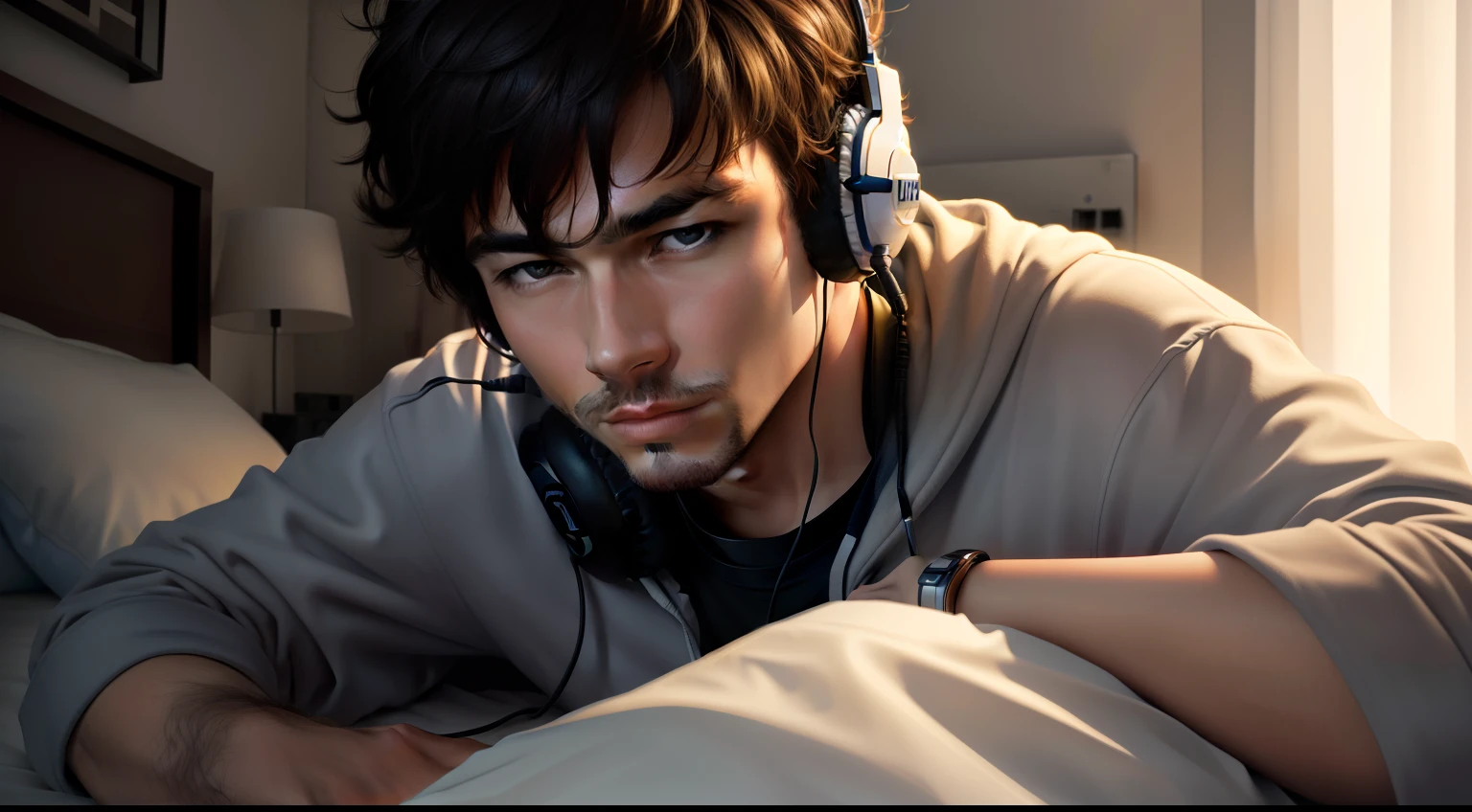 Man listening to music with headset, Lying in bed at night, realista