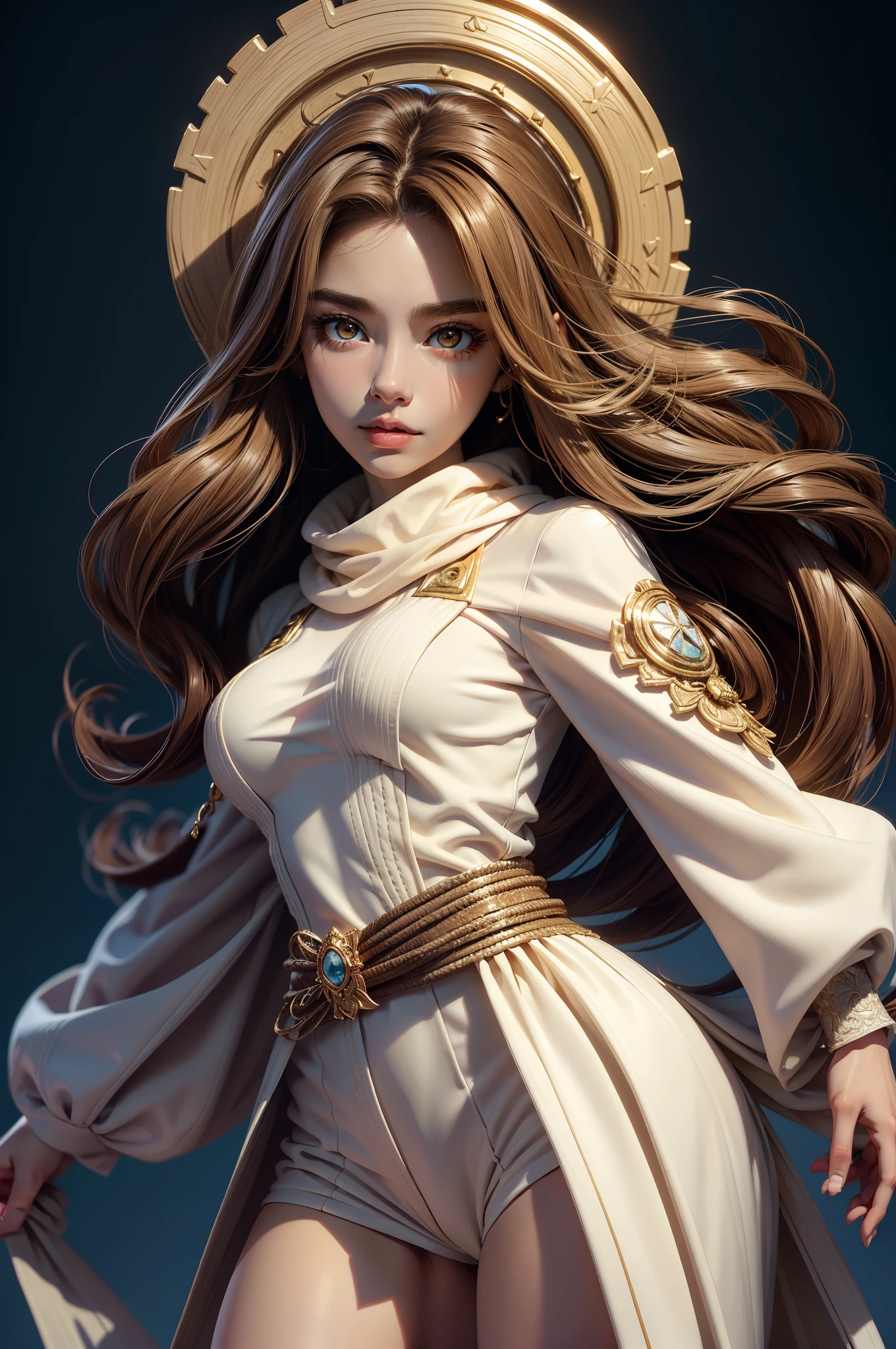 (tmasterpiece,highest qualityr,mejor calidad,arte oficial,Beauty and Aesthetics:1.2),(1girll:1.3),(s arte fractal:1.3)(good lighting:1.1),((A high resolution)),with brown eye,Pelo largo blanquecino,brown-hair,cinta blanca,sin mangas,Colas de caballo,Obi Strip,Cortina de pelvis,cloths,Mai Shiranui,Primer plano de la parte superior del cuerpo,escote,Postura de lucha
