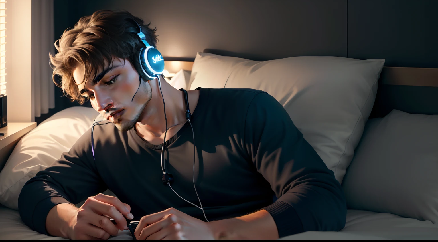 Man listening to music with headset, Lying in bed at night, realista