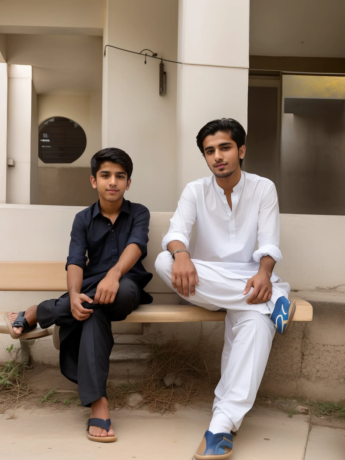 there are two men sitting on a bench outside of a building, profile pic, by Riza Abbasi, cute boys, kyza saleem, very very low quality picture, two young men, profile picture 1024px, old picture, brothers, ghutra and egal, candid picture, mid shot portrait, taken with sony alpha 9, profile picture