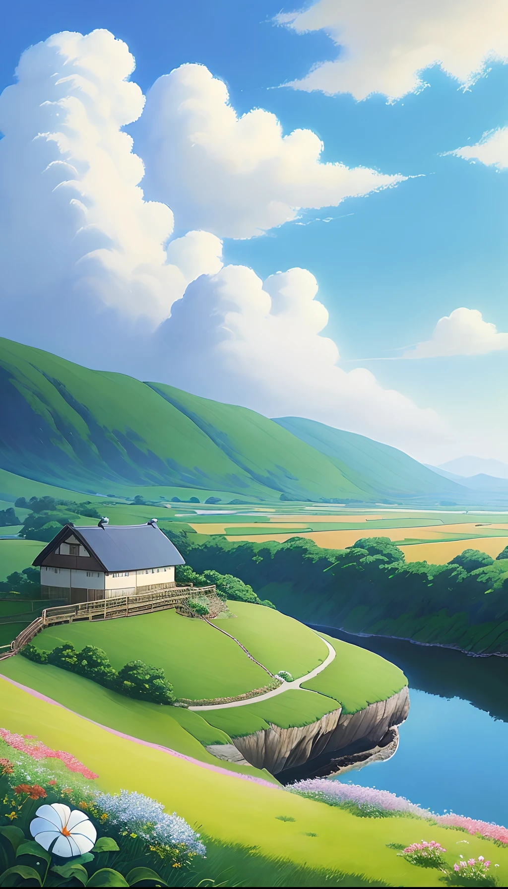 Realistic, authentic, beautiful and amazing landscape oil painting Studio Ghibli Hayao Miyazaki&#39;s a colorful petal grassland with blue sky and white clouds --v6