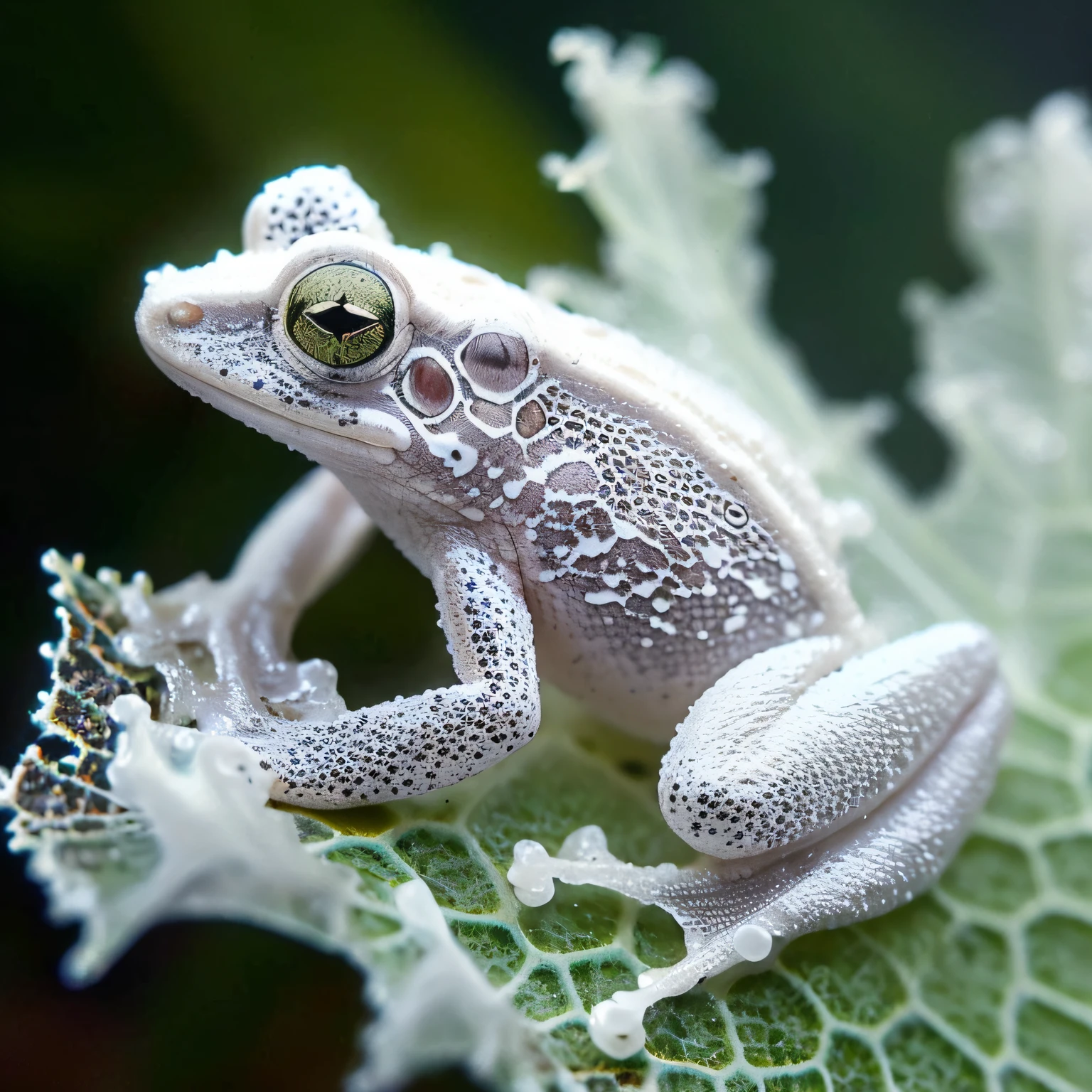 there is a white frog sitting on a leaf with a green background, beautiful frog, alien frog, amazon milk frog, award winning macro photography, macro photography, cute frog, photorealistic and intricate, macro art, albino mystic, frog, macro photo, detailed white, frog - elephant creature, macro image, stunningly detailed, miniature frog, highly realistic photography, highly realistic photo