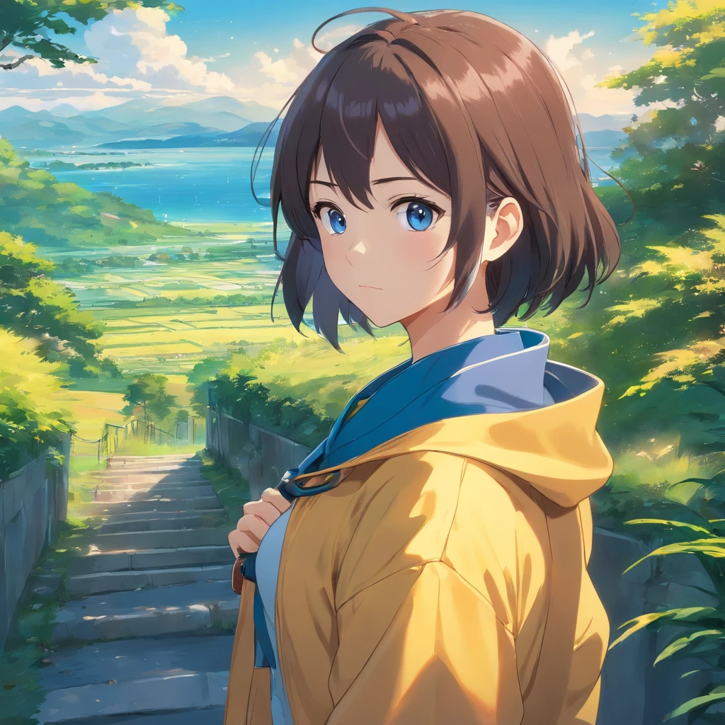 A girl in a yellow coat and blue pants stands in front of a landscape, single character, visual anime de uma bonito, anime illustration, anime moe artstyle, Iwakura Lain, hinata hyuga, retrato de corpo curto!, Fubuki, single character, como um personagem de anime, 插圖, cabelo curto azul escuro,profundidade de campo 1:5,Artes Oficiais, Unity 8k papel de parede, super-detalhado, lindo e bonito, master part, melhor qualidade, (Dynamic angle:1.4,qualidade superior,melhor qualidade,Artes Oficiais,Beauty and Aesthetics:1.2),extremamente detalhado,Colouring,Detalhes mais altos