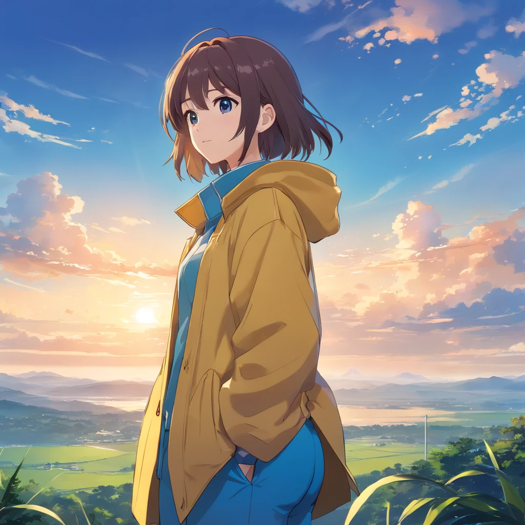 A girl in a yellow coat and blue pants stands in front of a landscape, single character, visual anime de uma bonito, anime illustration, anime moe artstyle, Iwakura Lain, hinata hyuga, retrato de corpo curto!, Fubuki, single character, como um personagem de anime, 插圖, cabelo curto azul escuro,profundidade de campo 1:5,Artes Oficiais, Unity 8k papel de parede, super-detalhado, lindo e bonito, master part, melhor qualidade, (Dynamic angle:1.4,qualidade superior,melhor qualidade,Artes Oficiais,Beauty and Aesthetics:1.2),extremamente detalhado,Colouring,Detalhes mais altos